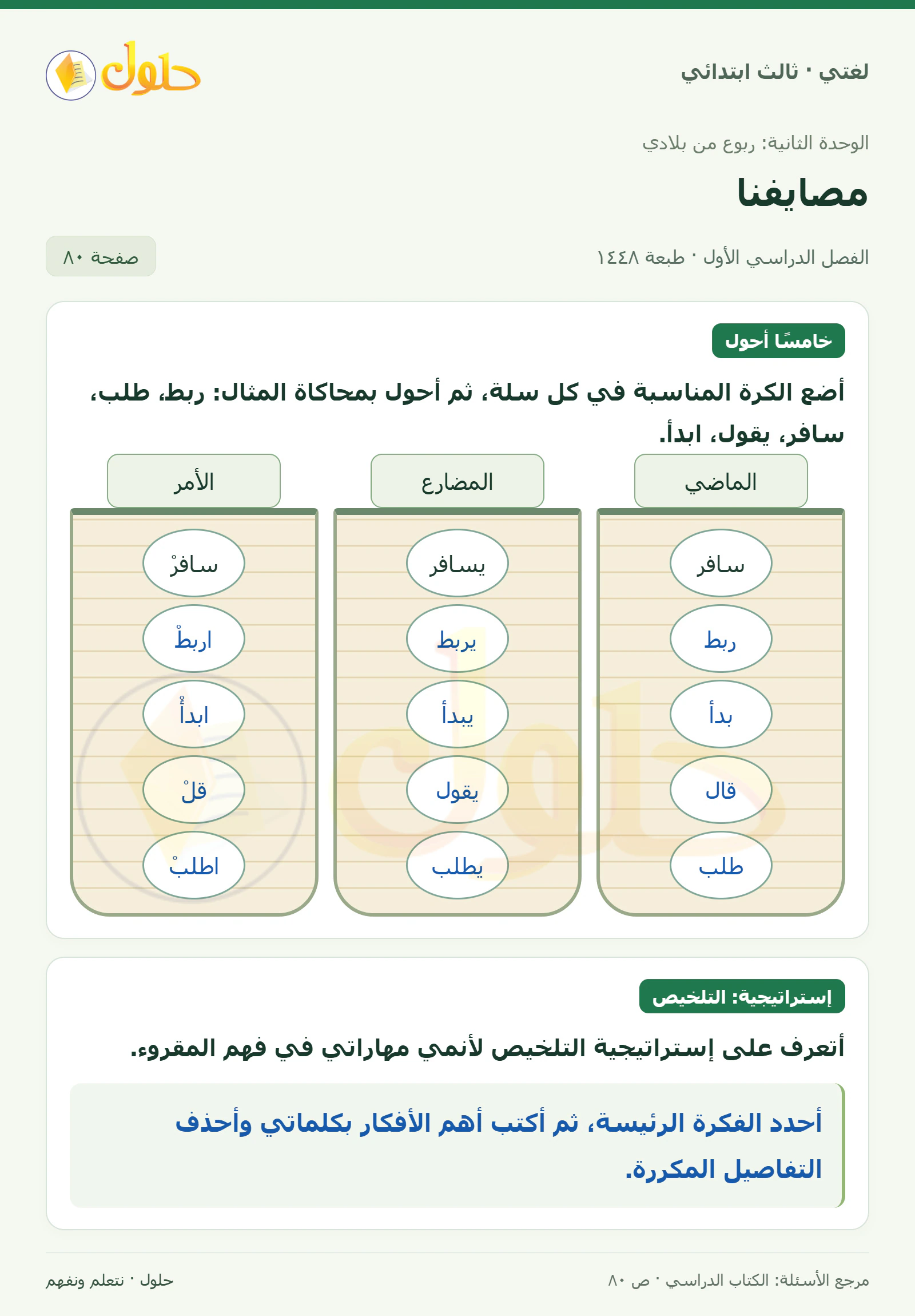 حل لغتي الصف الثالث الابتدائي صفحة 80