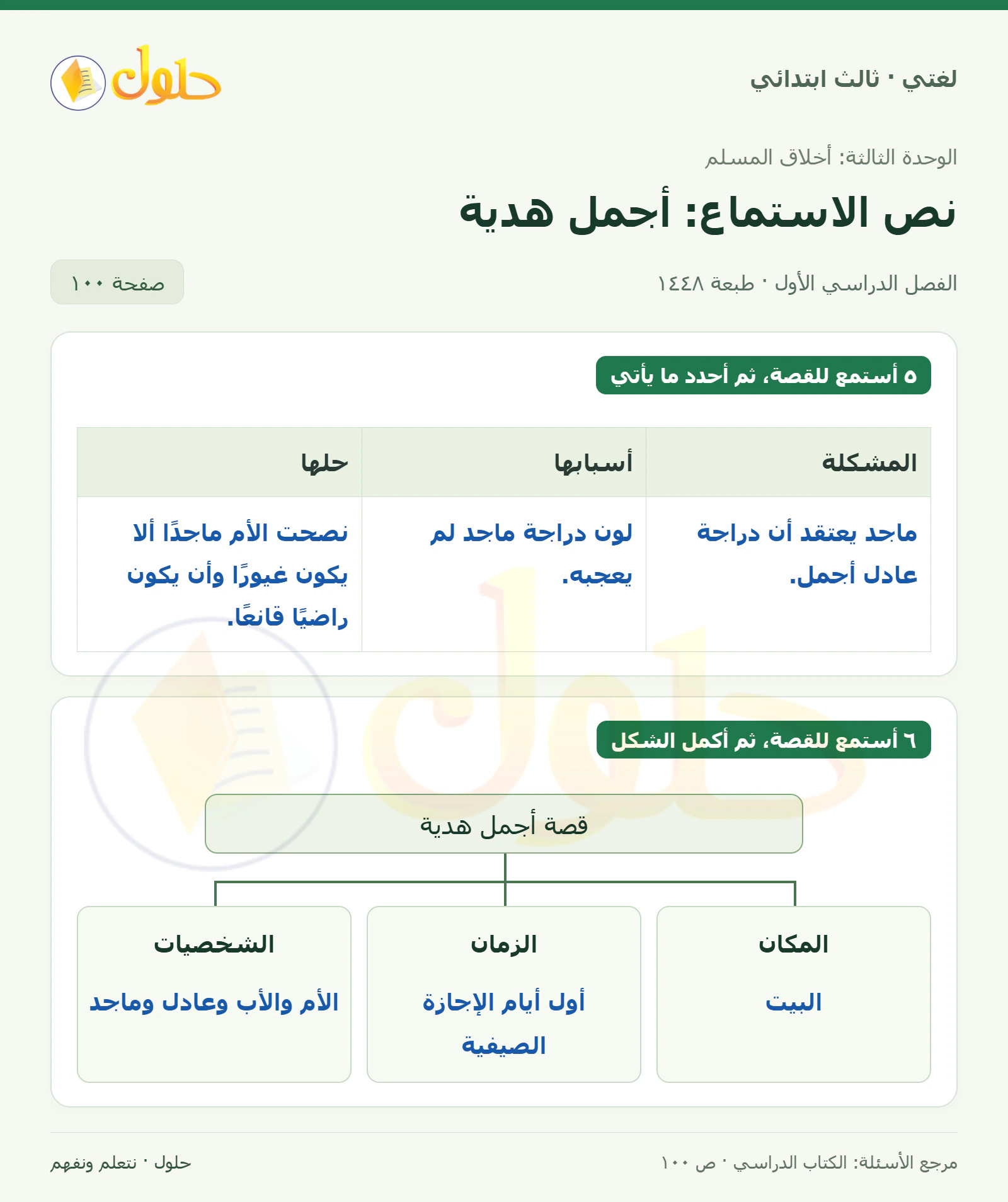 حل لغتي الصف الثالث الابتدائي صفحة 100