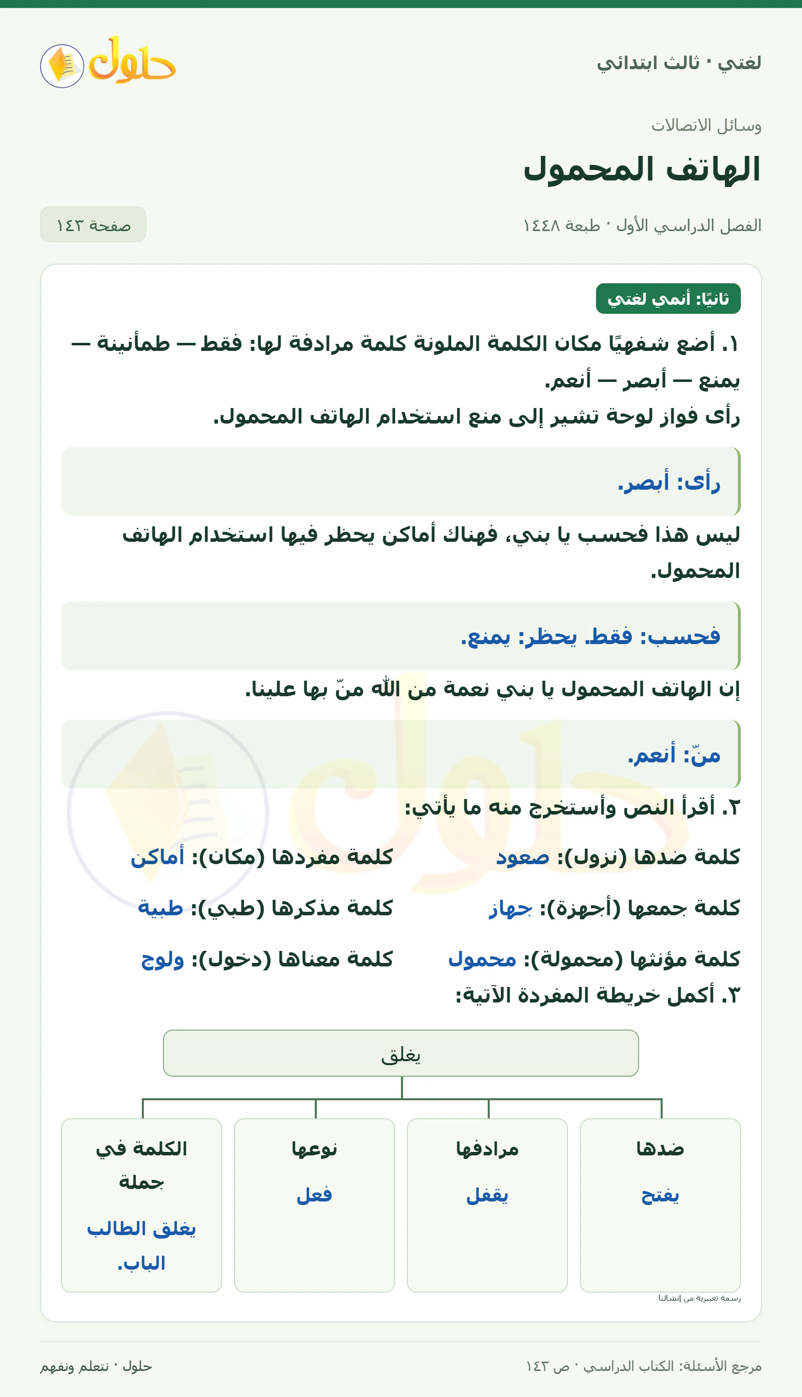 حل لغتي الصف الثالث الابتدائي صفحة 143
