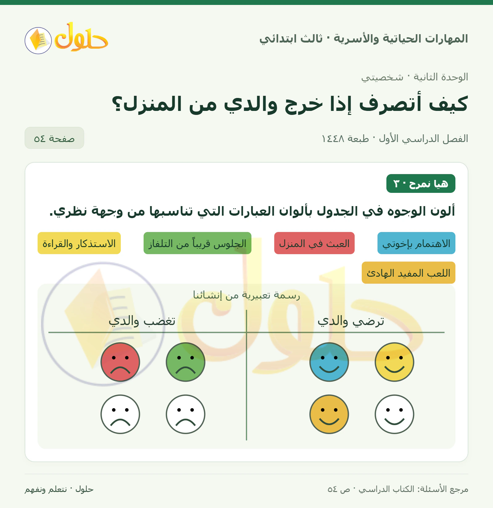 المهارات الحياتية والأسرية ثالث ابتدائي، صفحة ٥٤، الجزء ١