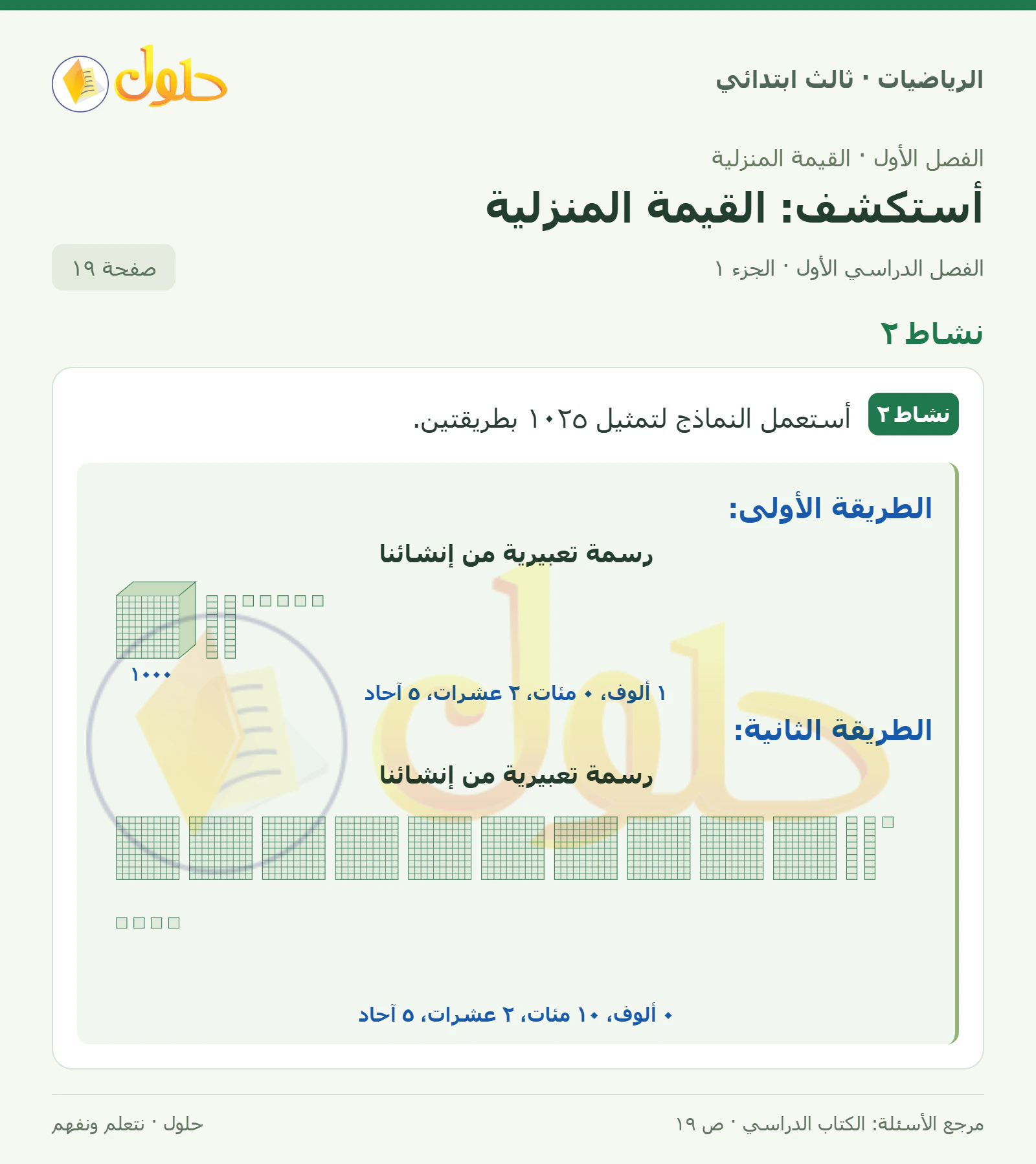 حل الرياضيات للصف الثالث الابتدائي، الفصل الدراسي الأول، أستكشف: القيمة المنزلية، صفحة ١٩، الجزء ١