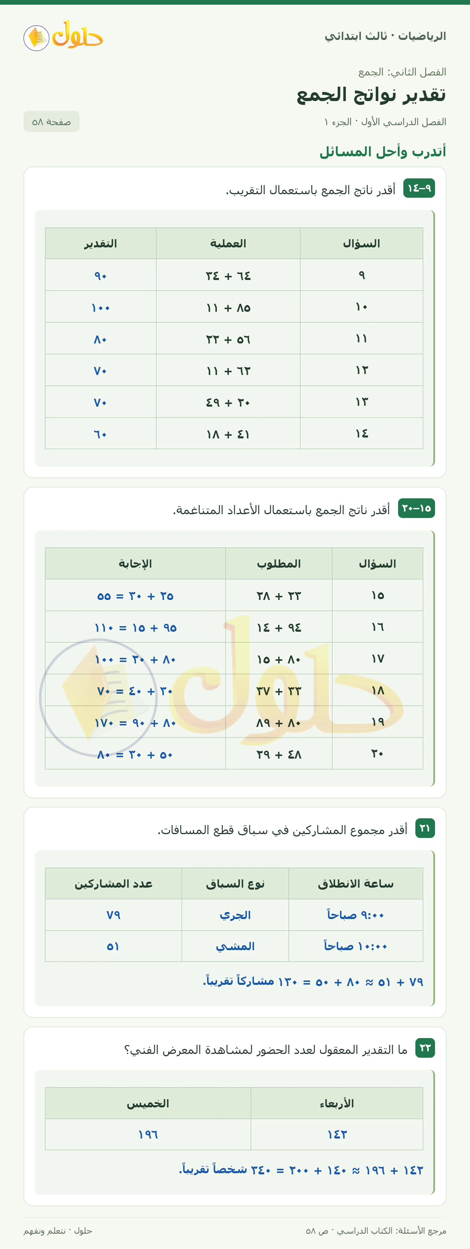 حل الرياضيات للصف الثالث الابتدائي، الفصل الدراسي الأول، تقدير نواتج الجمع، صفحة ٥٨، الجزء ١