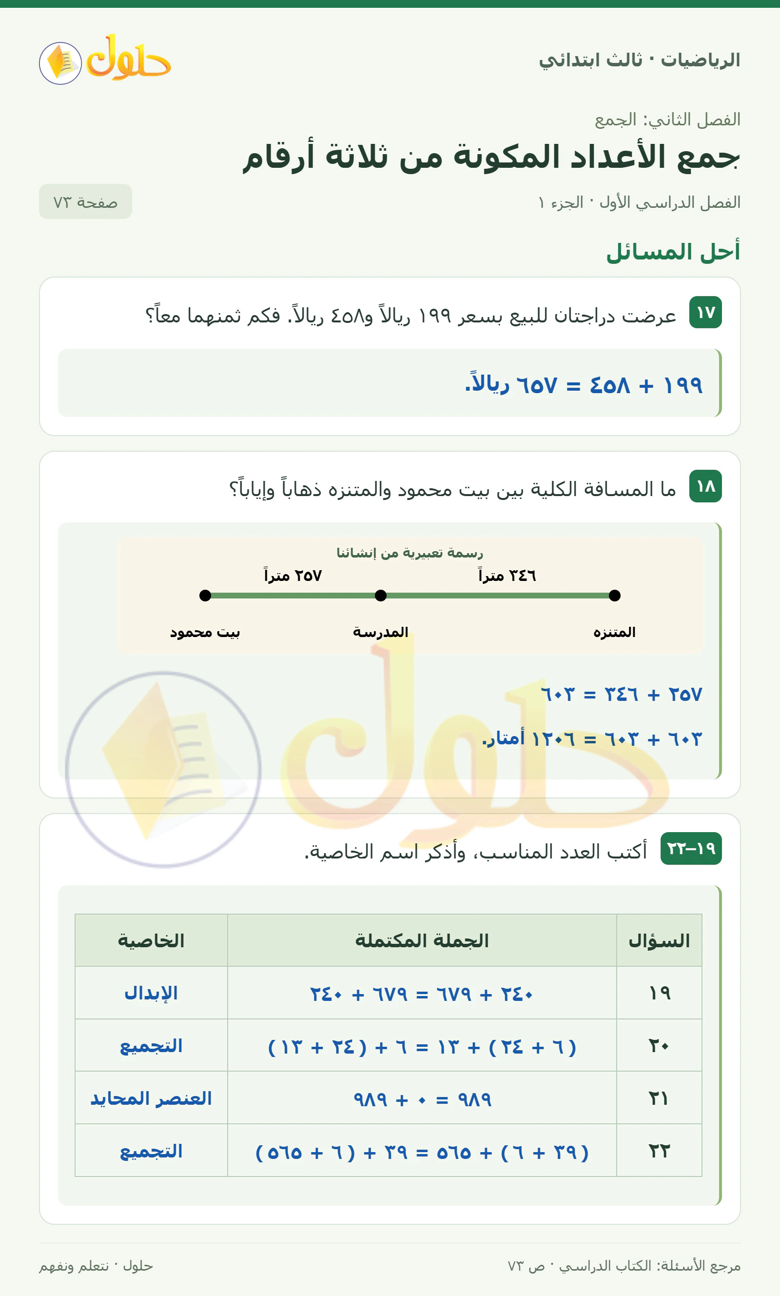حل الرياضيات للصف الثالث الابتدائي، الفصل الدراسي الأول، جمع الأعداد المكونة من ثلاثة أرقام، صفحة ٧٣، الجزء ١