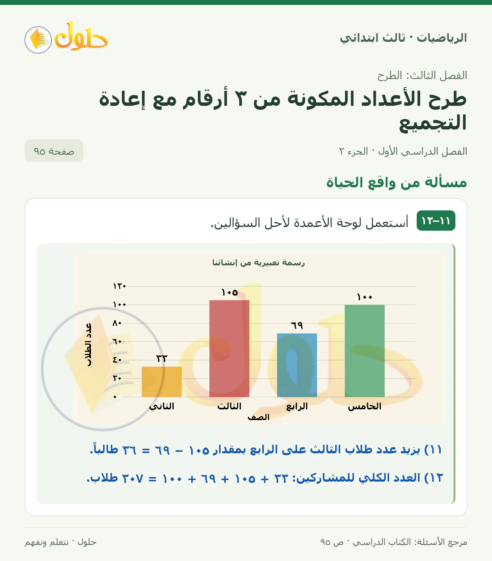 حل الرياضيات للصف الثالث الابتدائي، الفصل الدراسي الأول، طرح الأعداد المكونة من ٣ أرقام مع إعادة التجميع، صفحة ٩٥، الجزء ٢