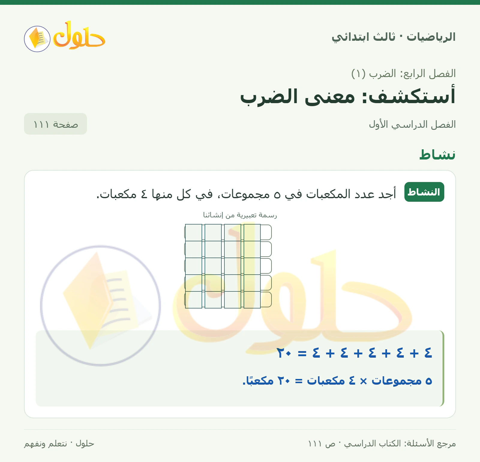 حل الرياضيات للصف الثالث الابتدائي، الفصل الدراسي الأول، أستكشف: معنى الضرب، صفحة ١١١، الجزء ١