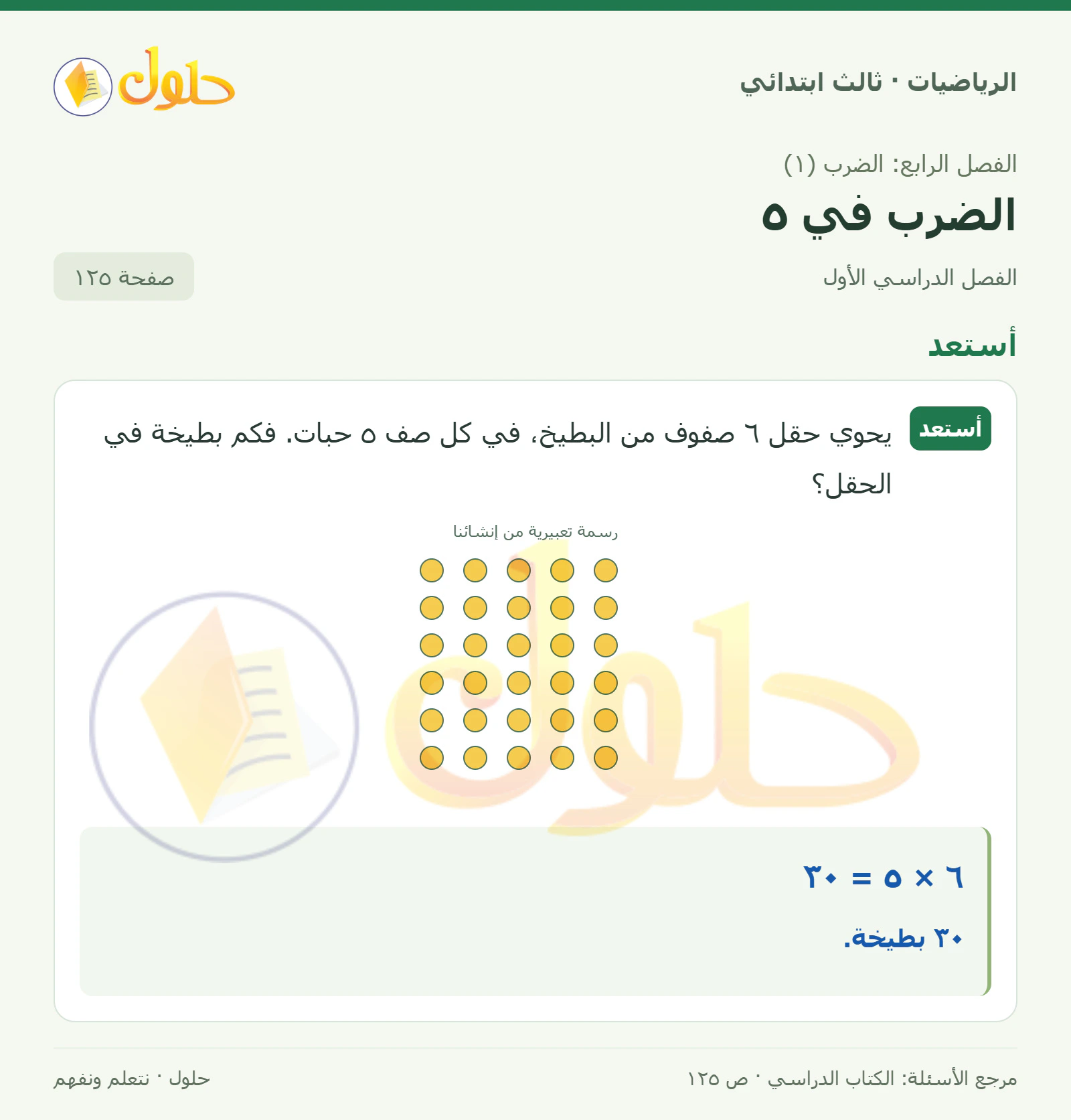 حل الرياضيات للصف الثالث الابتدائي، الفصل الدراسي الأول، الضرب في ٥، صفحة ١٢٥، الجزء ١
