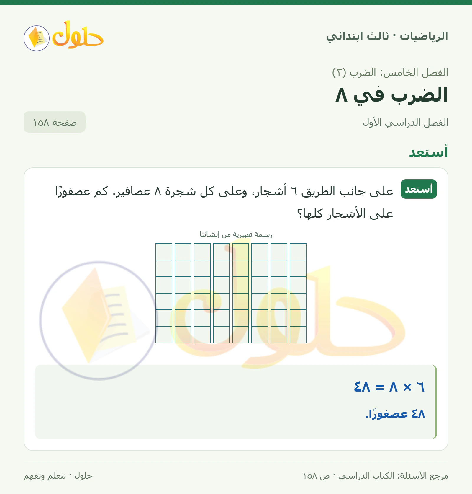 حل الرياضيات للصف الثالث الابتدائي، الفصل الدراسي الأول، الضرب في ٨، صفحة ١٥٨، الجزء ١