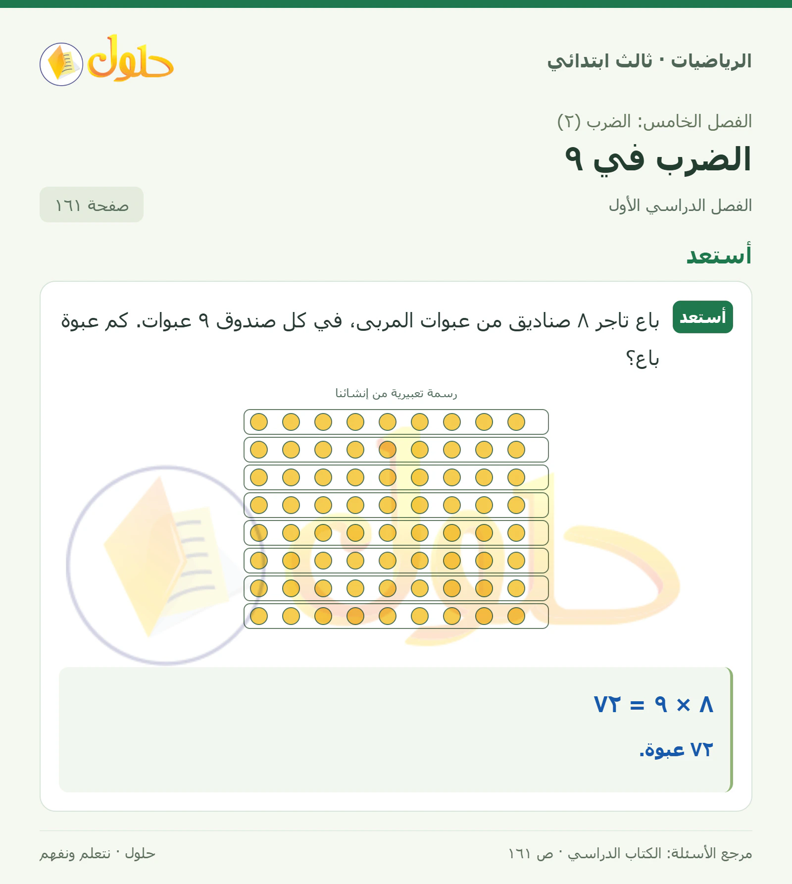 حل الرياضيات للصف الثالث الابتدائي، الفصل الدراسي الأول، الضرب في ٩، صفحة ١٦١، الجزء ١