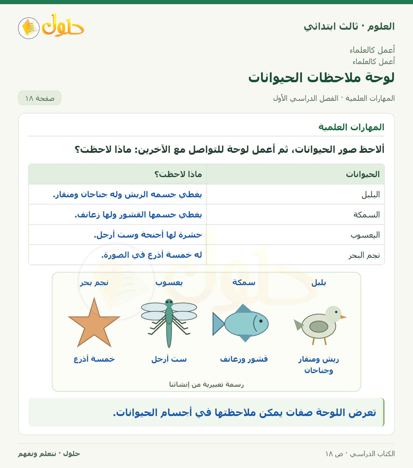 العلوم للصف الثالث الابتدائي، الفصل الدراسي الأول، المهارات العلمية، صفحة ١٨، الجزء ١