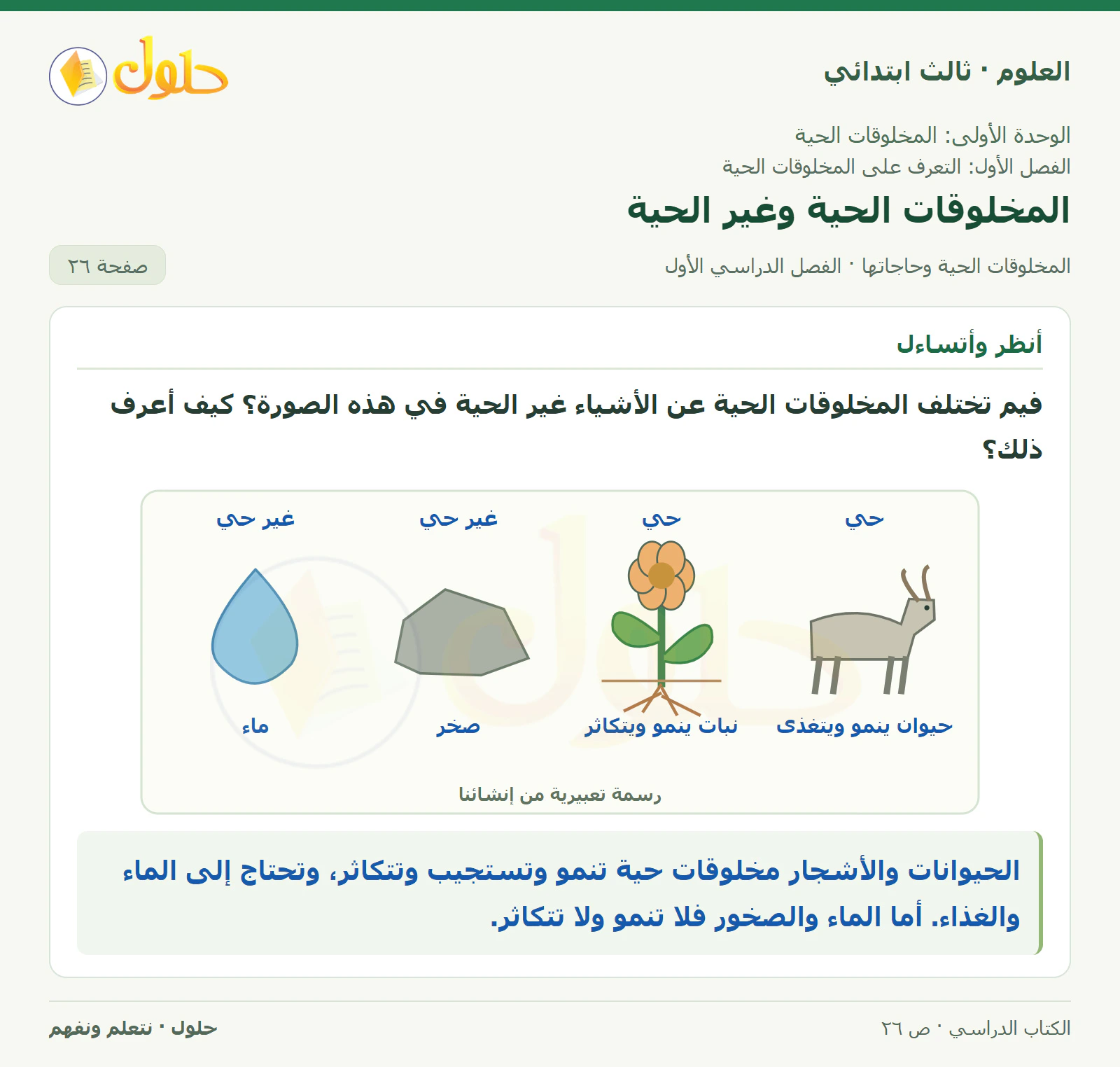 العلوم للصف الثالث الابتدائي، الفصل الدراسي الأول، المخلوقات الحية وحاجاتها، صفحة ٢٦، الجزء ١