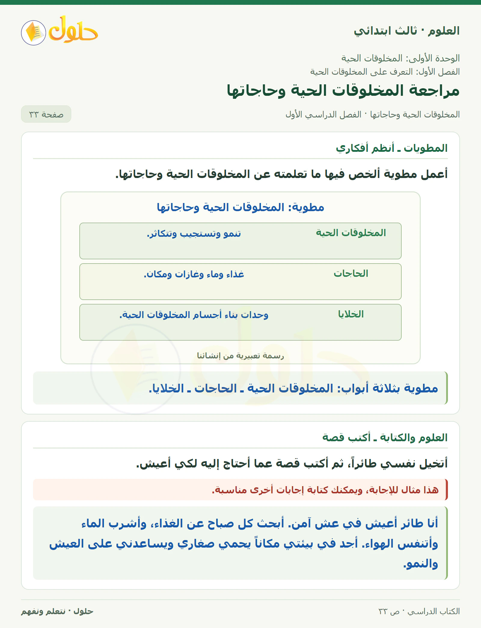 العلوم للصف الثالث الابتدائي، الفصل الدراسي الأول، المخلوقات الحية وحاجاتها، صفحة ٣٣، الجزء ٣