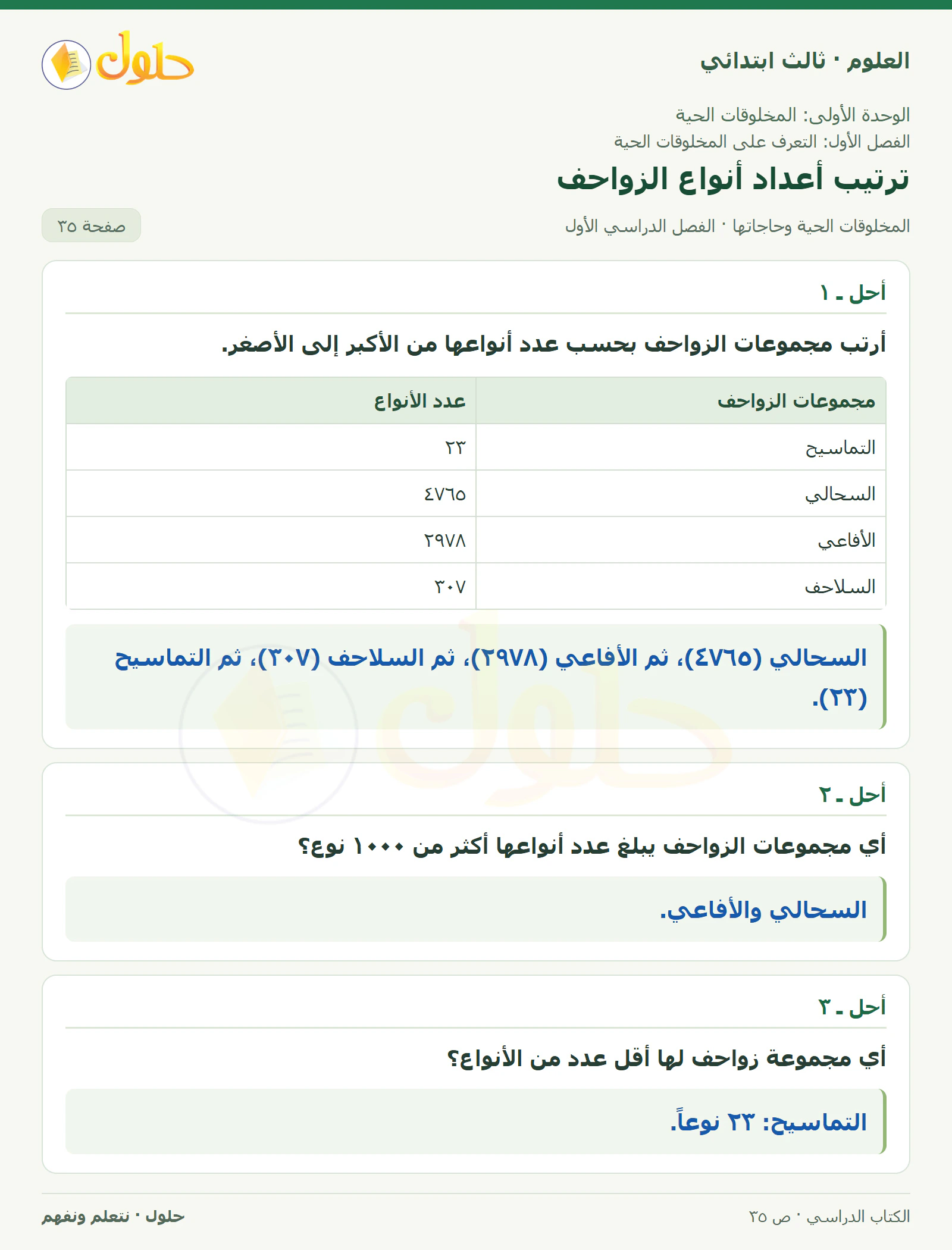 العلوم للصف الثالث الابتدائي، الفصل الدراسي الأول، المخلوقات الحية وحاجاتها، صفحة ٣٥، الجزء ١