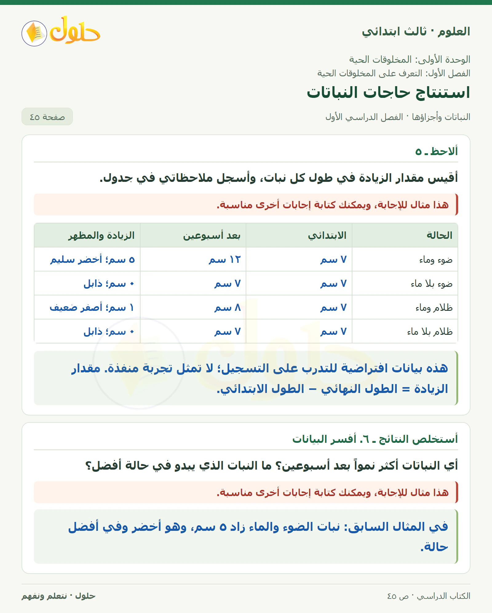 العلوم للصف الثالث الابتدائي، الفصل الدراسي الأول، النباتات وأجزاؤها، صفحة ٤٥، الجزء ١