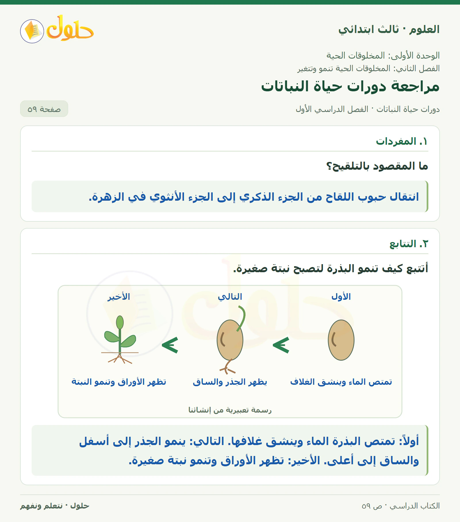 العلوم للصف الثالث الابتدائي، الفصل الدراسي الأول، دورات حياة النباتات، صفحة ٥٩، الجزء ١