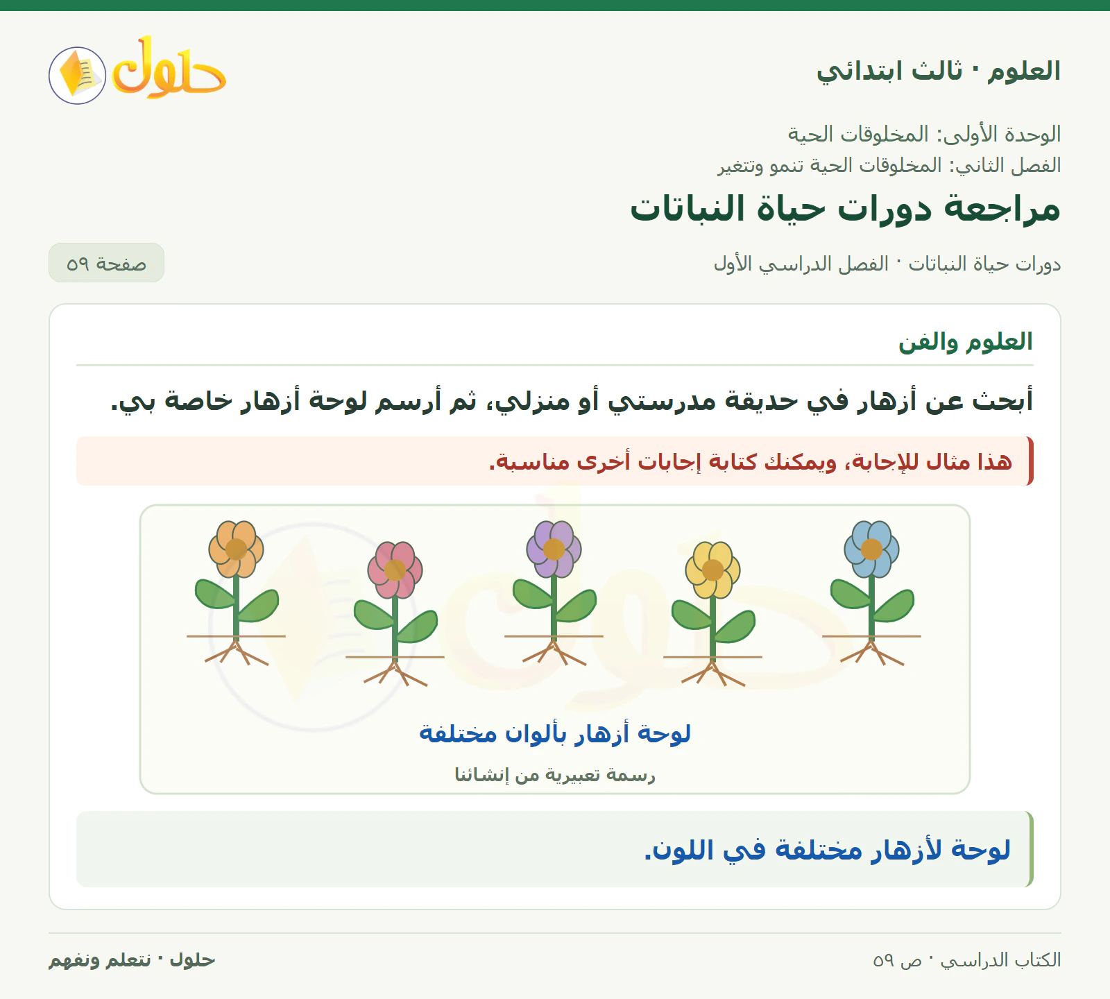العلوم للصف الثالث الابتدائي، الفصل الدراسي الأول، دورات حياة النباتات، صفحة ٥٩، الجزء ٤