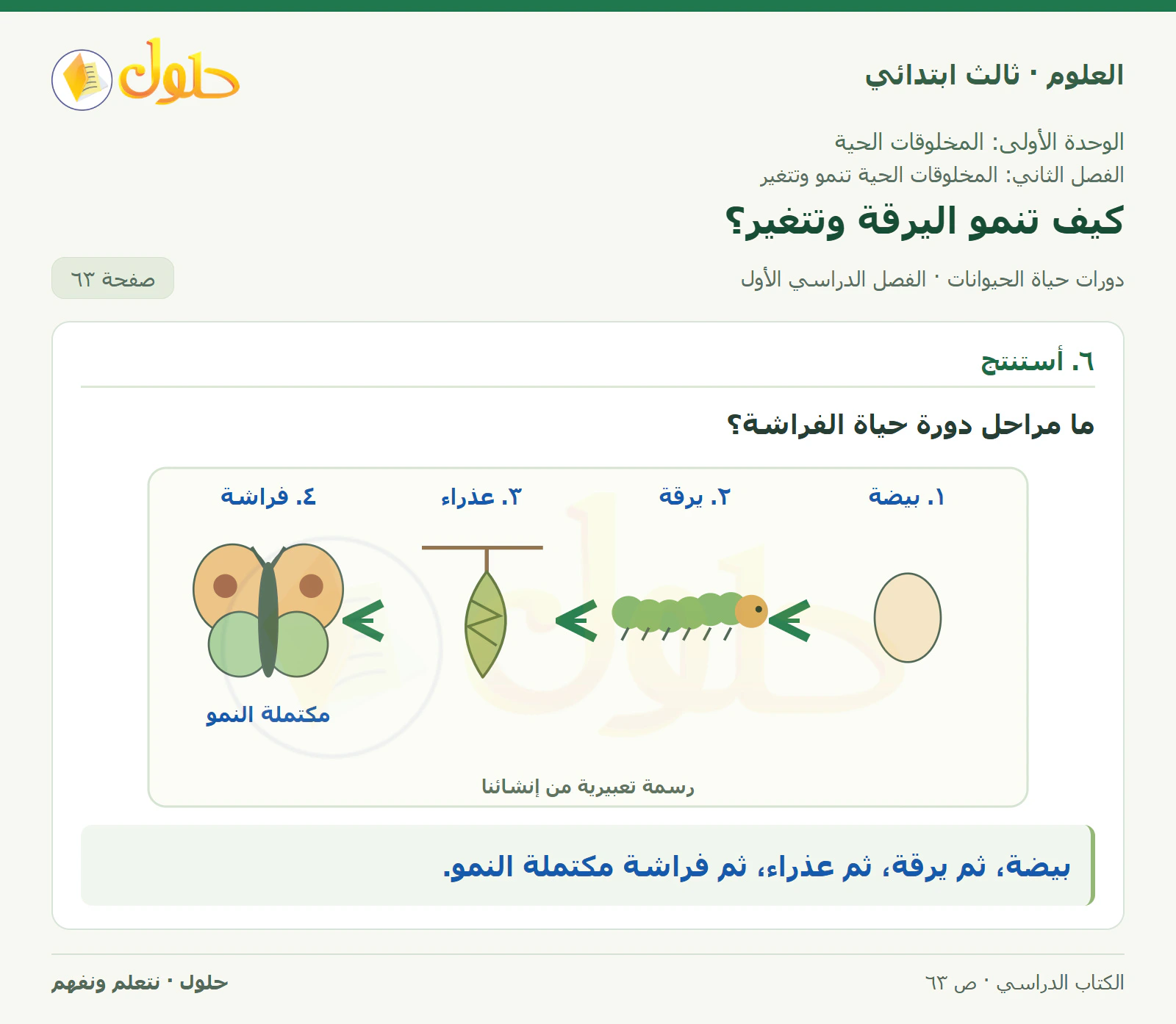 العلوم للصف الثالث الابتدائي، الفصل الدراسي الأول، دورات حياة الحيوانات، صفحة ٦٣، الجزء ٣