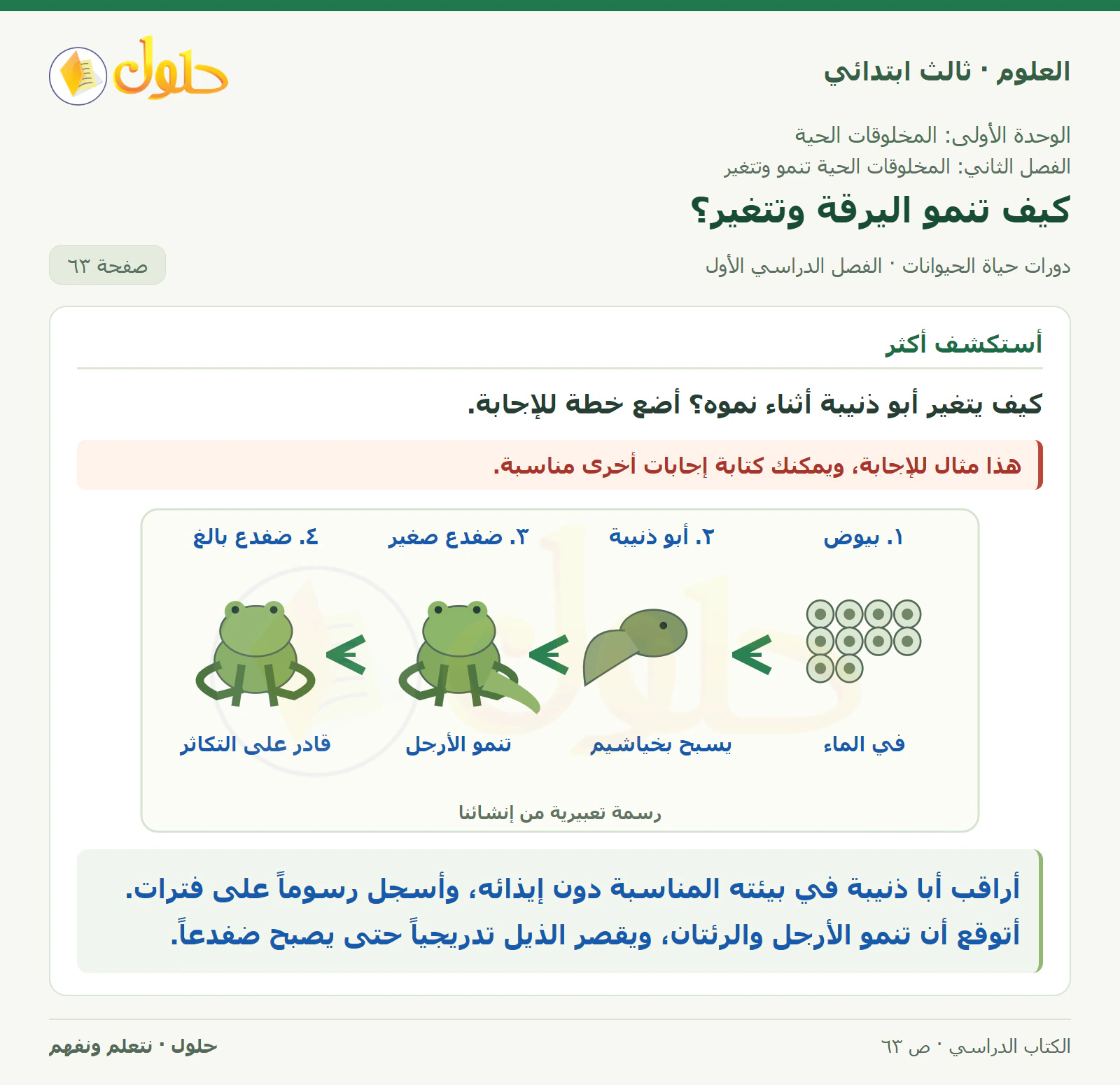 العلوم للصف الثالث الابتدائي، الفصل الدراسي الأول، دورات حياة الحيوانات، صفحة ٦٣، الجزء ٤
