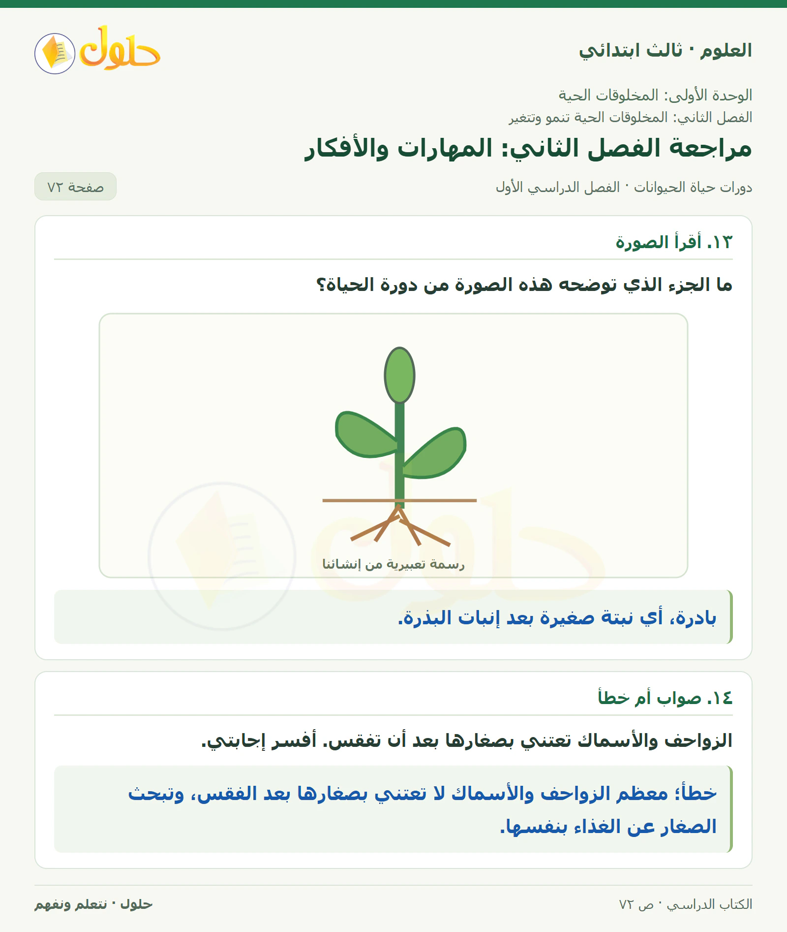 العلوم للصف الثالث الابتدائي، الفصل الدراسي الأول، دورات حياة الحيوانات، صفحة ٧٢، الجزء ٣
