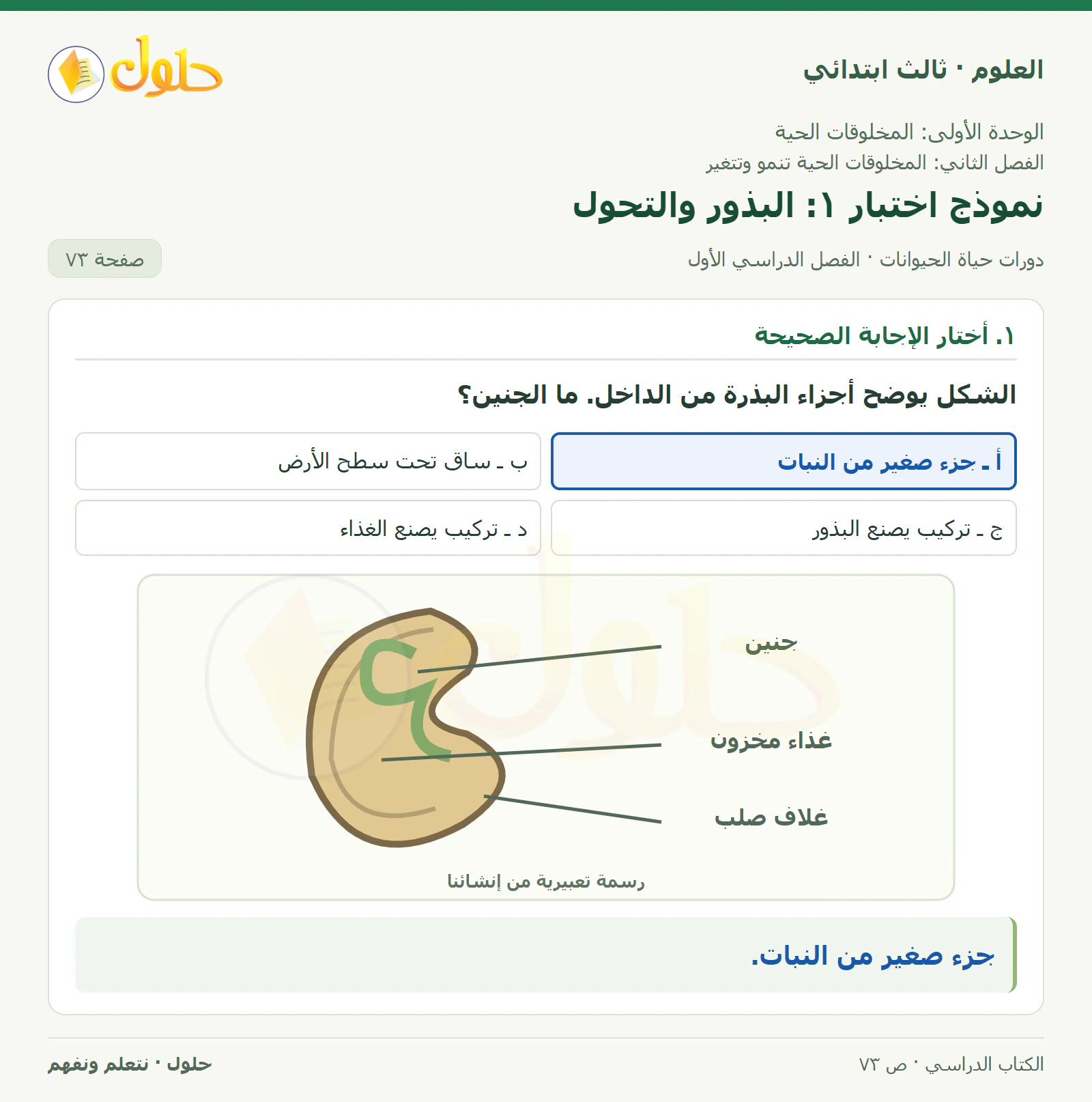 العلوم للصف الثالث الابتدائي، الفصل الدراسي الأول، دورات حياة الحيوانات، صفحة ٧٣، الجزء ١