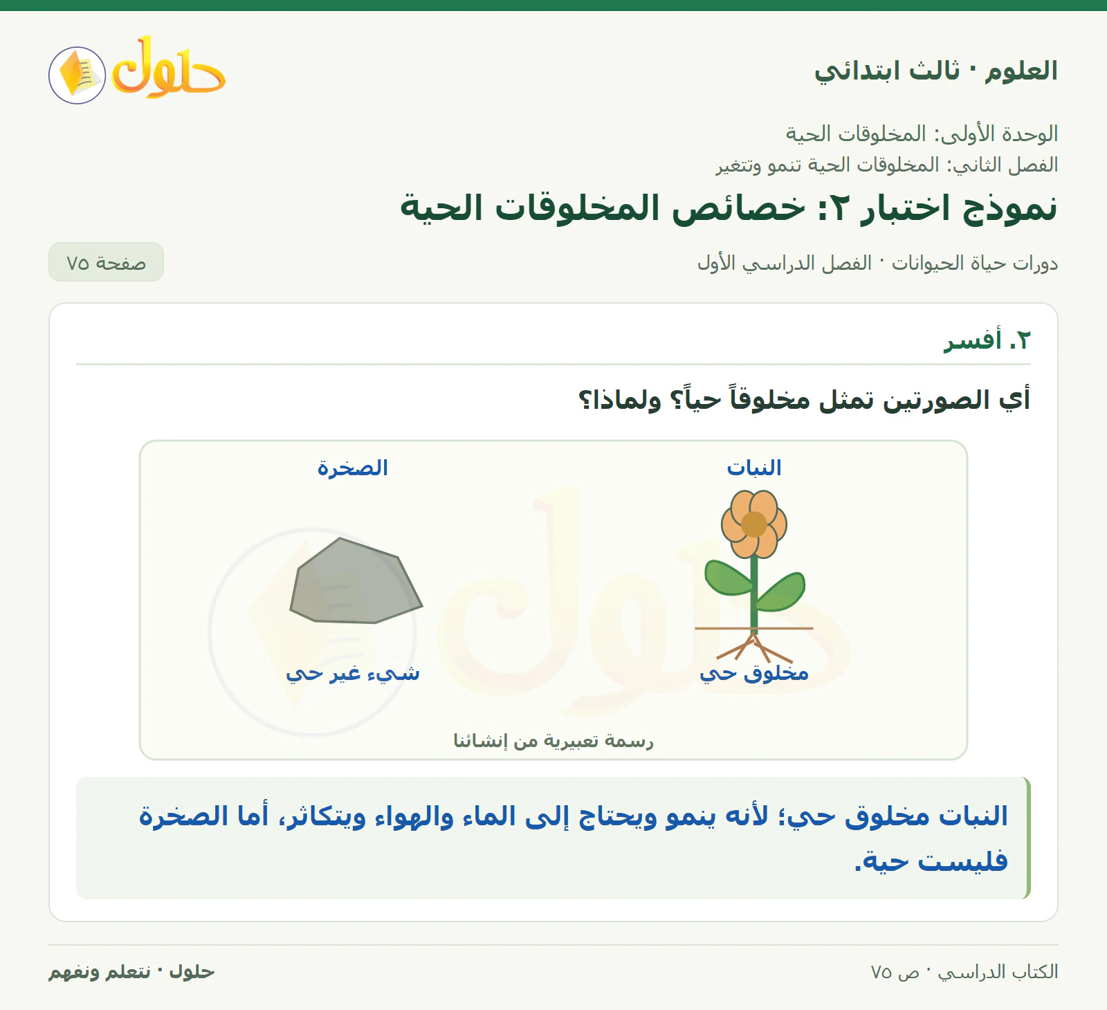 العلوم للصف الثالث الابتدائي، الفصل الدراسي الأول، دورات حياة الحيوانات، صفحة ٧٥، الجزء ٢