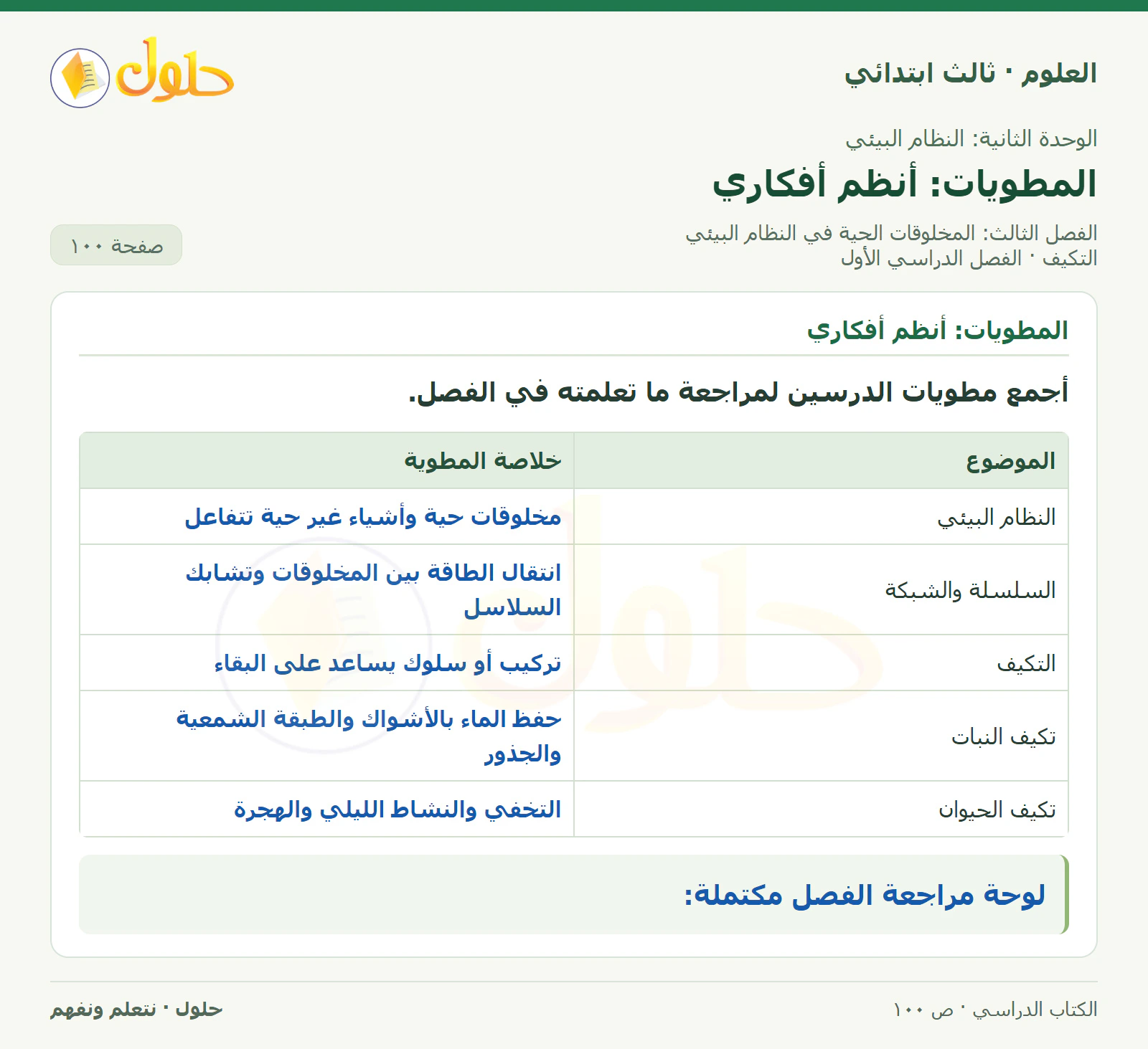 العلوم للصف الثالث الابتدائي، الفصل الدراسي الأول، التكيف، صفحة ١٠٠، الجزء ٢