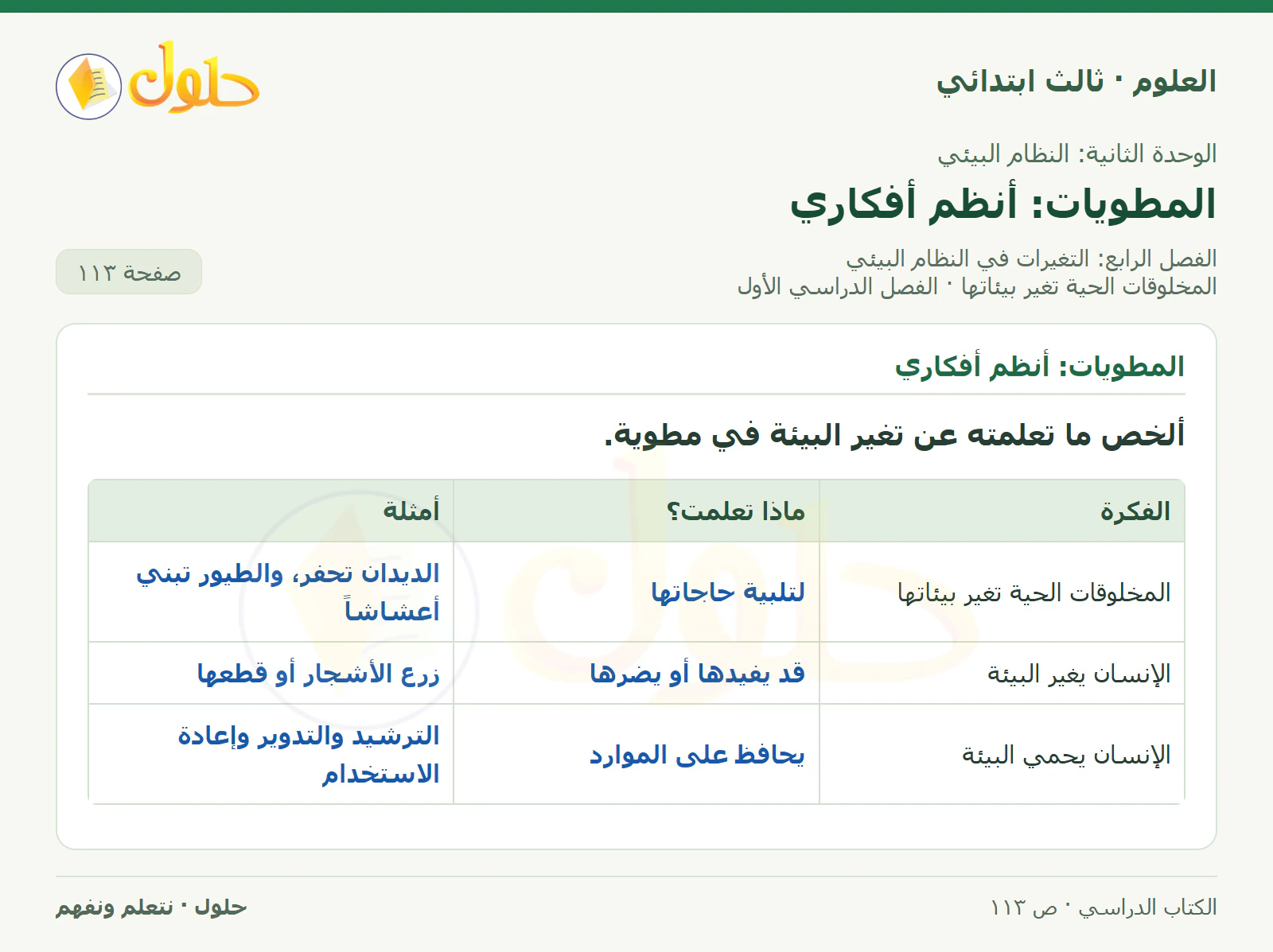 العلوم للصف الثالث الابتدائي، الفصل الدراسي الأول، المخلوقات الحية تغير بيئاتها، صفحة ١١٣، الجزء ٥