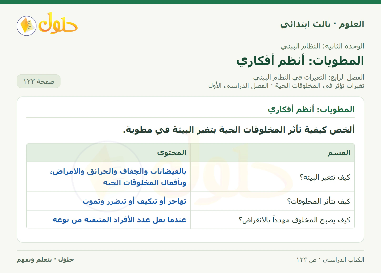 العلوم للصف الثالث الابتدائي، الفصل الدراسي الأول، تغيرات تؤثر في المخلوقات الحية، صفحة ١٢٣، الجزء ٥