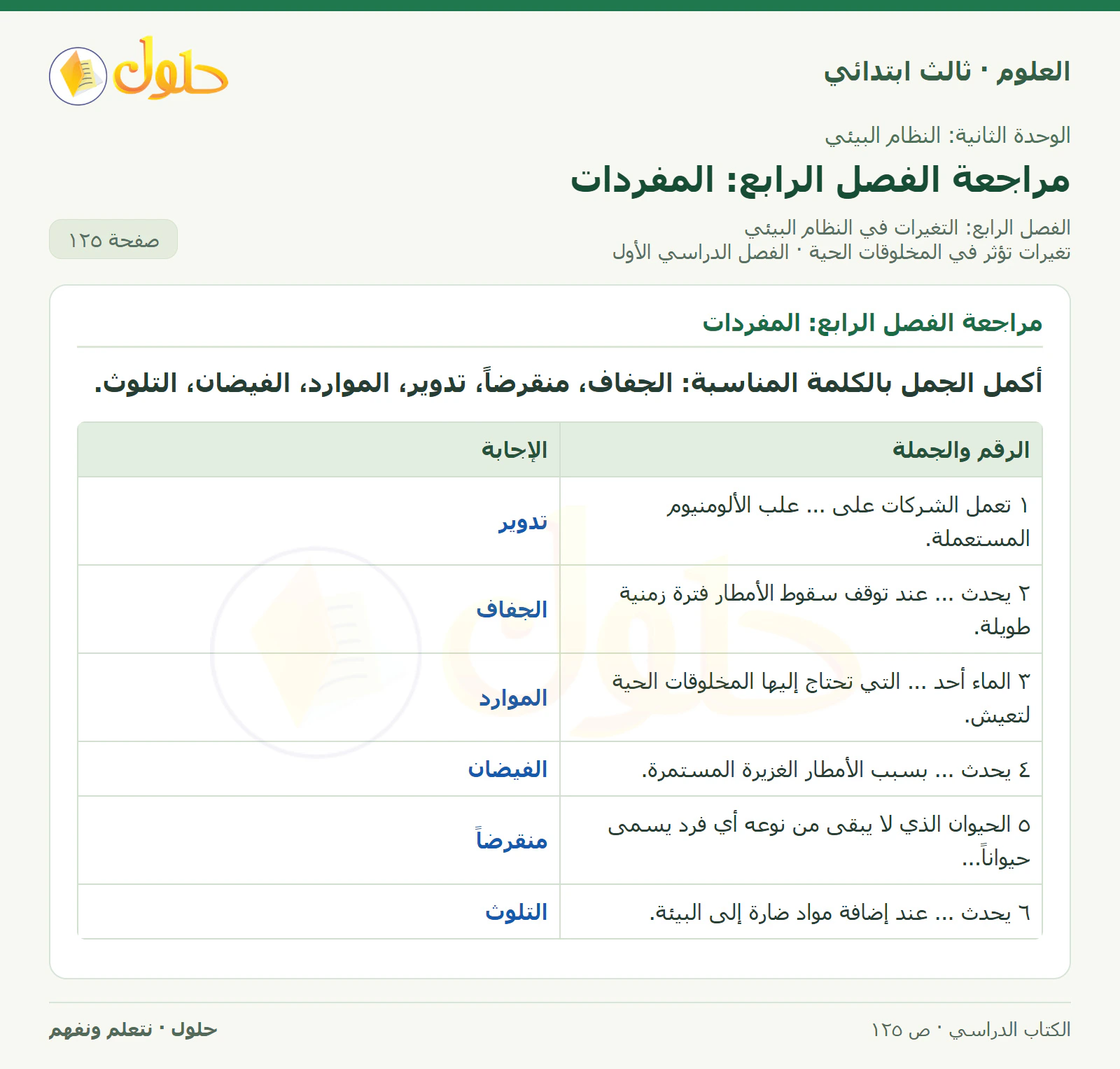 العلوم للصف الثالث الابتدائي، الفصل الدراسي الأول، تغيرات تؤثر في المخلوقات الحية، صفحة ١٢٥، الجزء ١