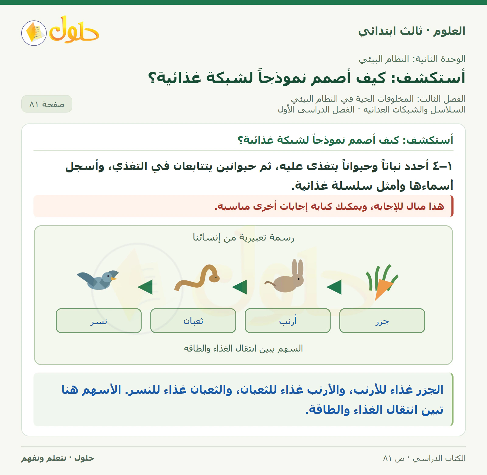 العلوم للصف الثالث الابتدائي، الفصل الدراسي الأول، السلاسل والشبكات الغذائية، صفحة ٨١، الجزء ١