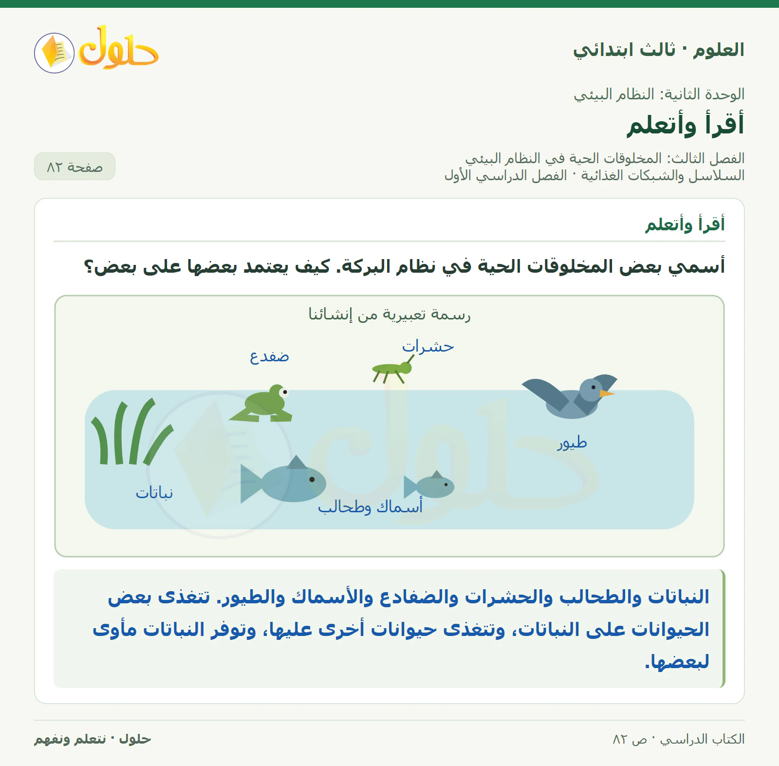 العلوم للصف الثالث الابتدائي، الفصل الدراسي الأول، السلاسل والشبكات الغذائية، صفحة ٨٢، الجزء ١