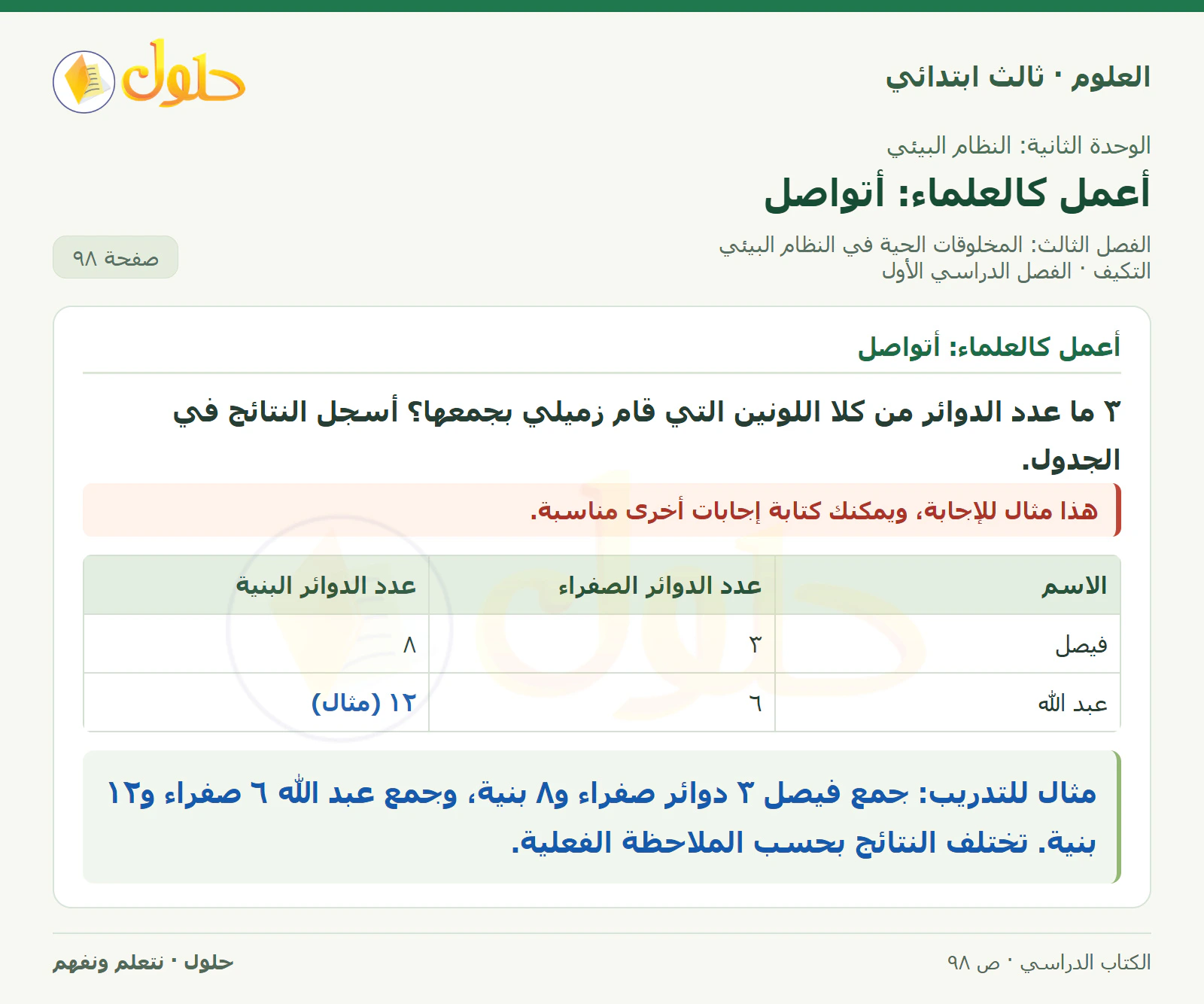 العلوم للصف الثالث الابتدائي، الفصل الدراسي الأول، التكيف، صفحة ٩٨، الجزء ٢