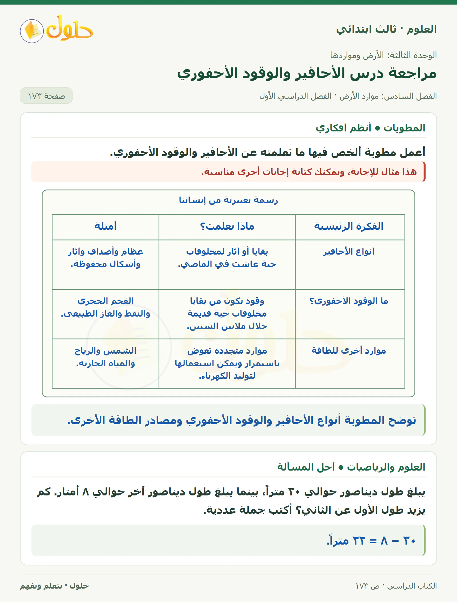 العلوم للصف الثالث الابتدائي، الفصل الدراسي الأول، مراجعة درس الأحافير والوقود الأحفوري، صفحة ١٧٣، الجزء ٣