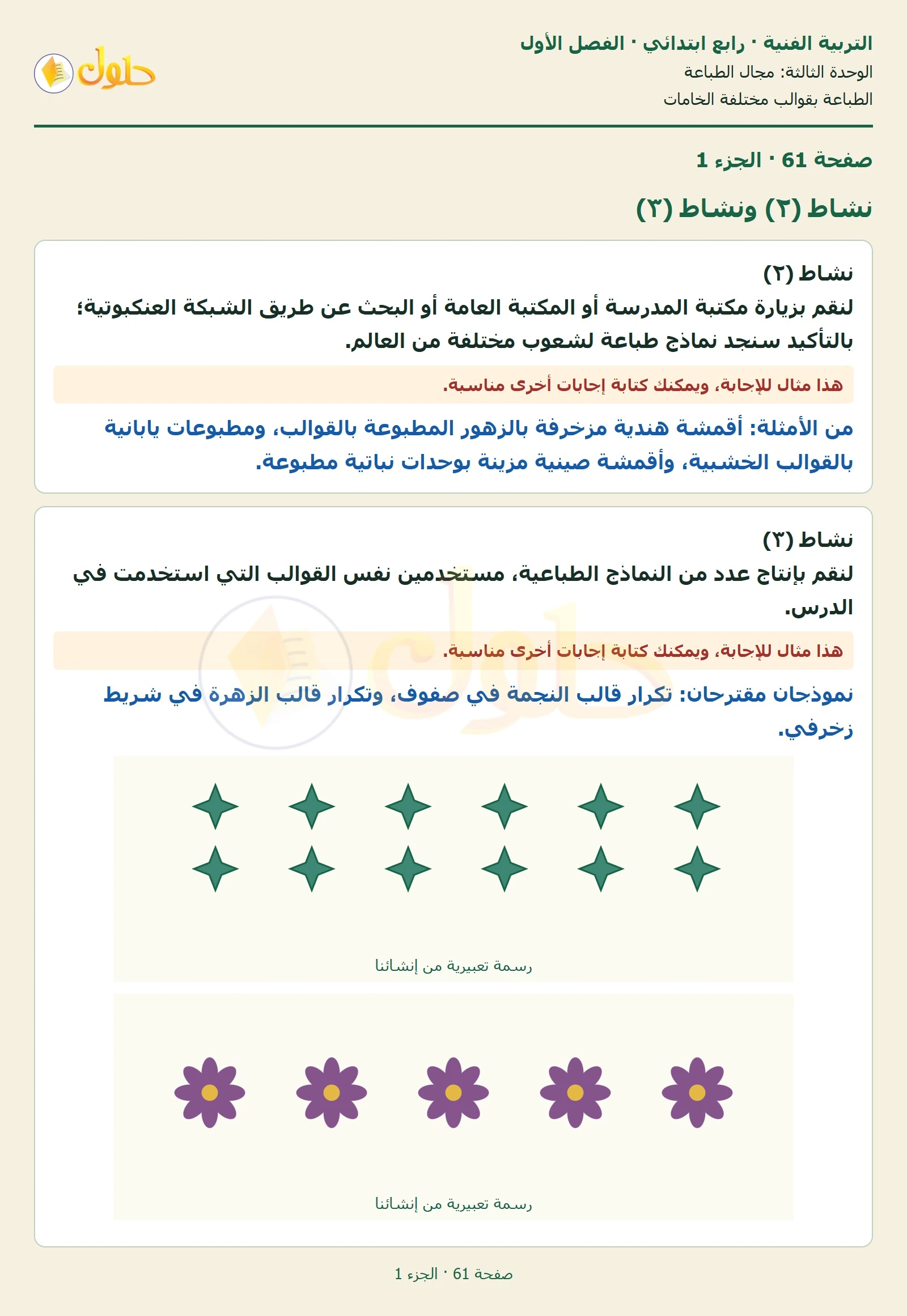 حل التربية الفنية للصف الرابع الابتدائي صفحة 61، الجزء ١ من ٢