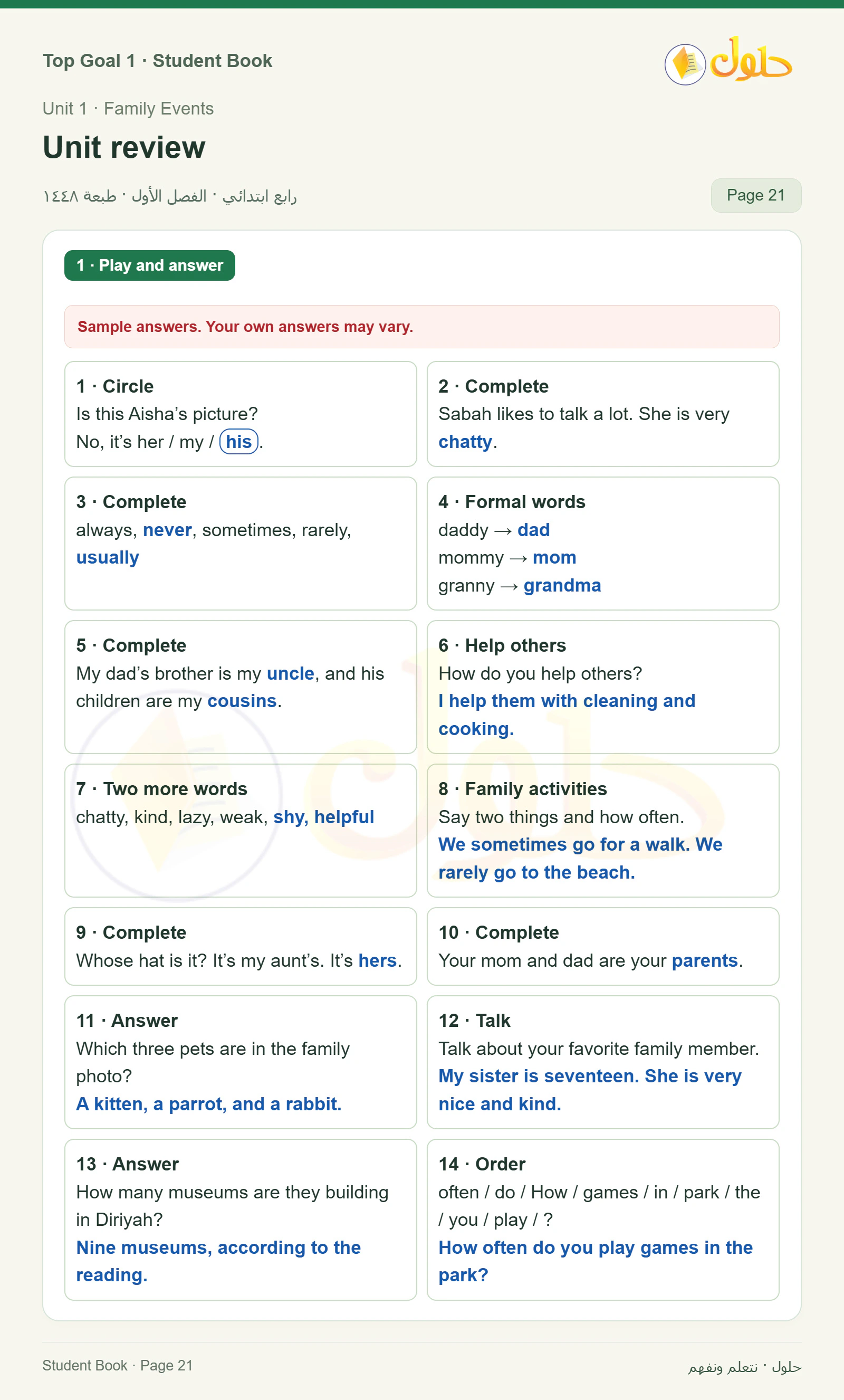 حل اللغة الإنجليزية للصف الرابع الابتدائي صفحة ٢١ — الجزء ١
