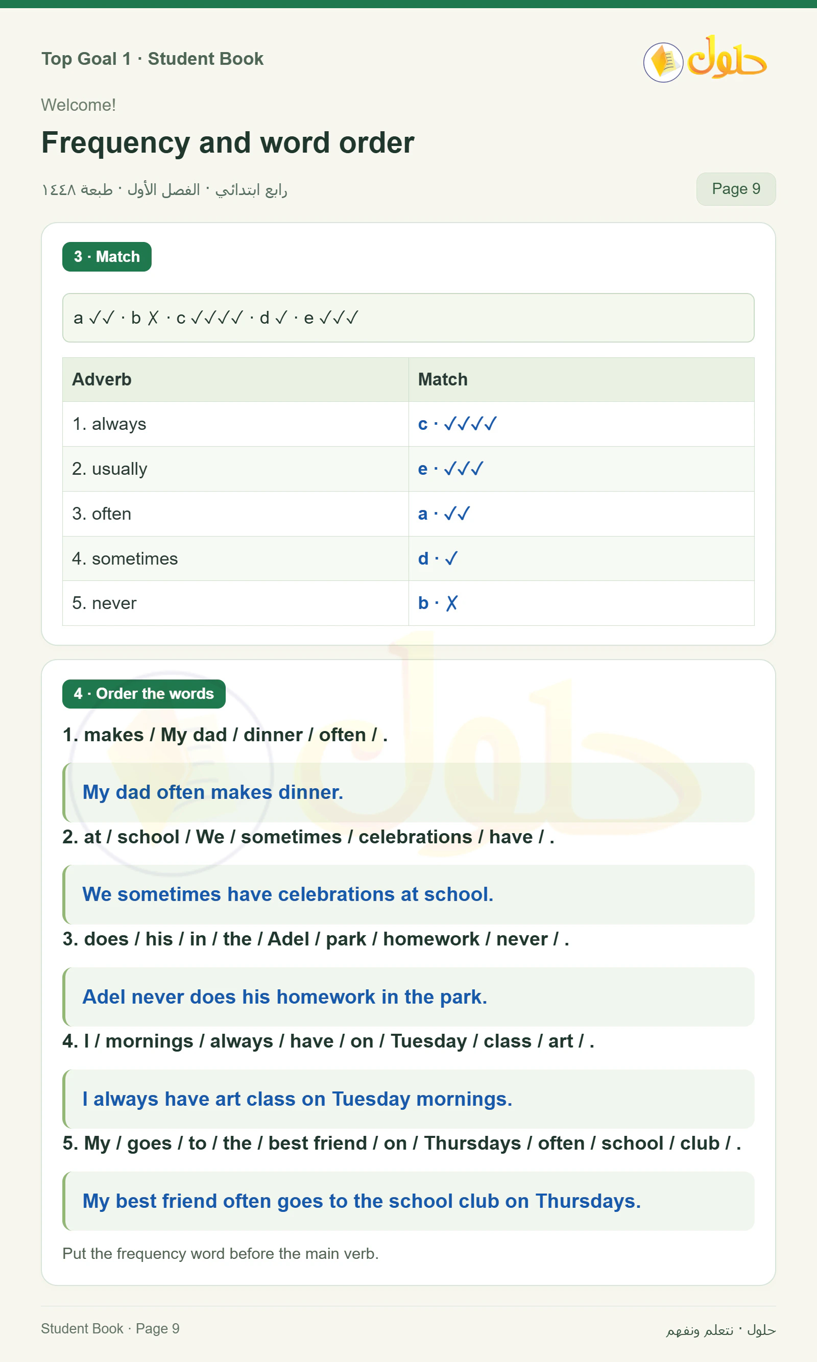 حل اللغة الإنجليزية للصف الرابع الابتدائي صفحة ٩ — الجزء ١