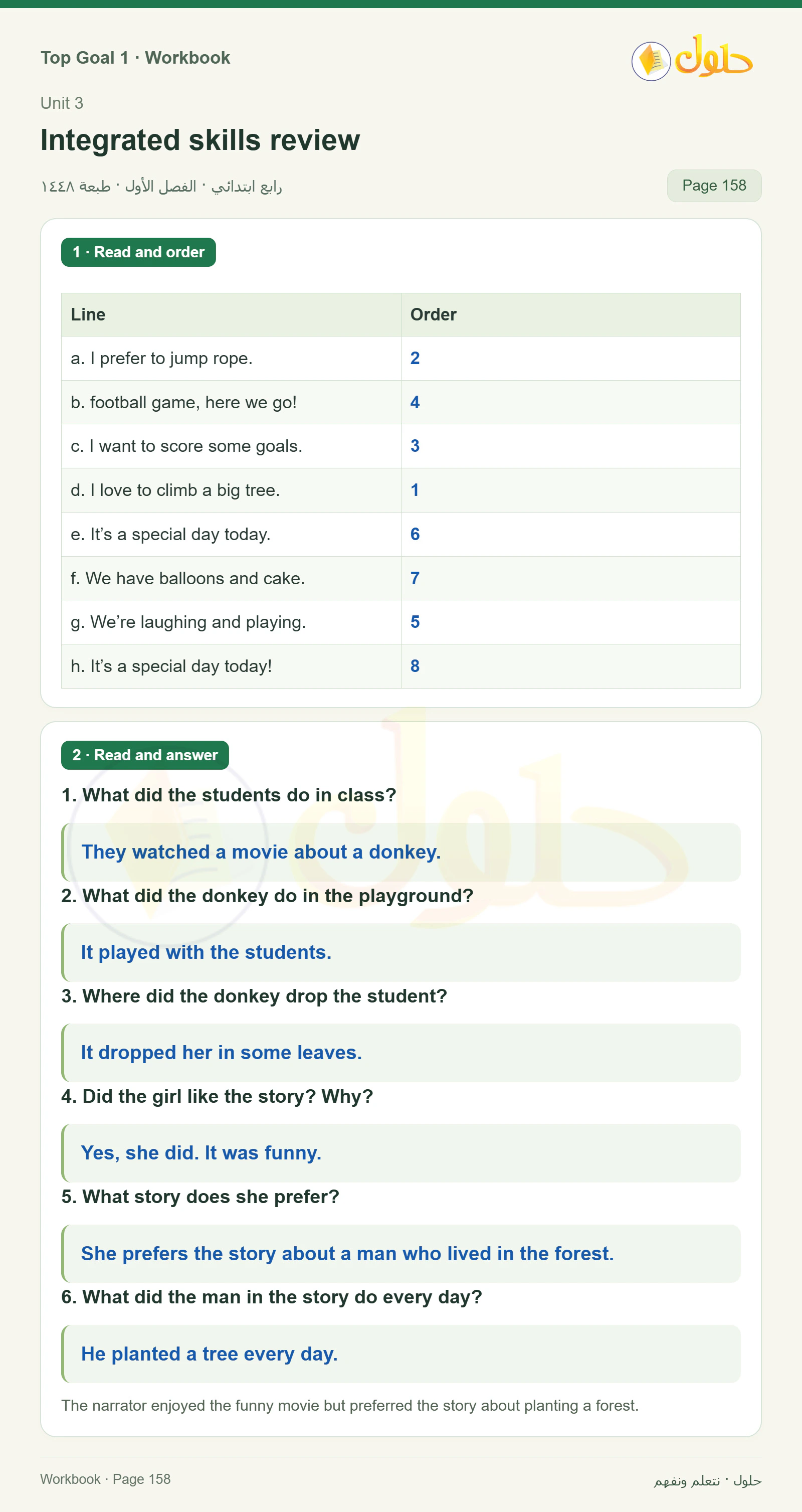 حل اللغة الإنجليزية للصف الرابع الابتدائي صفحة ١٥٨