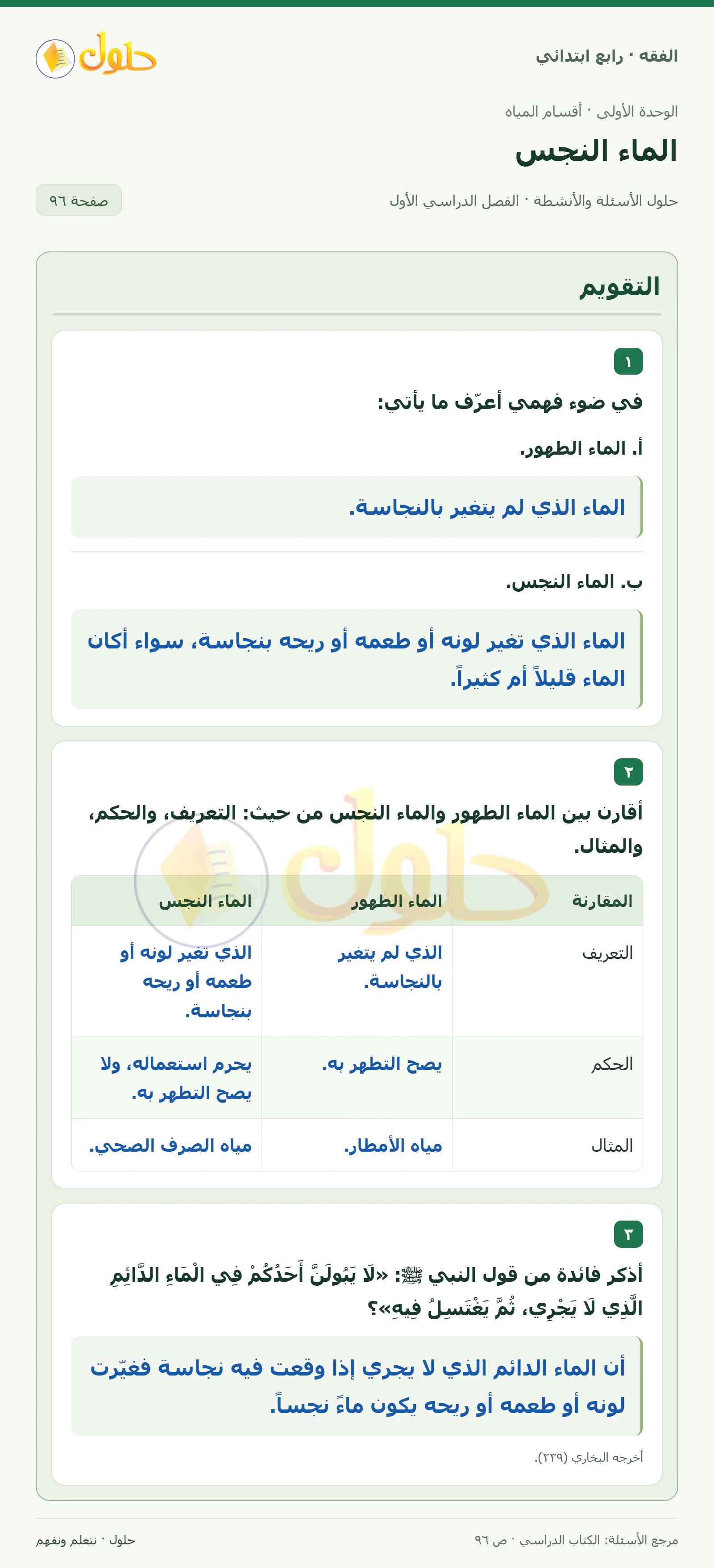 حل فقه رابع ابتدائي، الفصل الدراسي الأول، صفحة ٩٦، الجزء ١