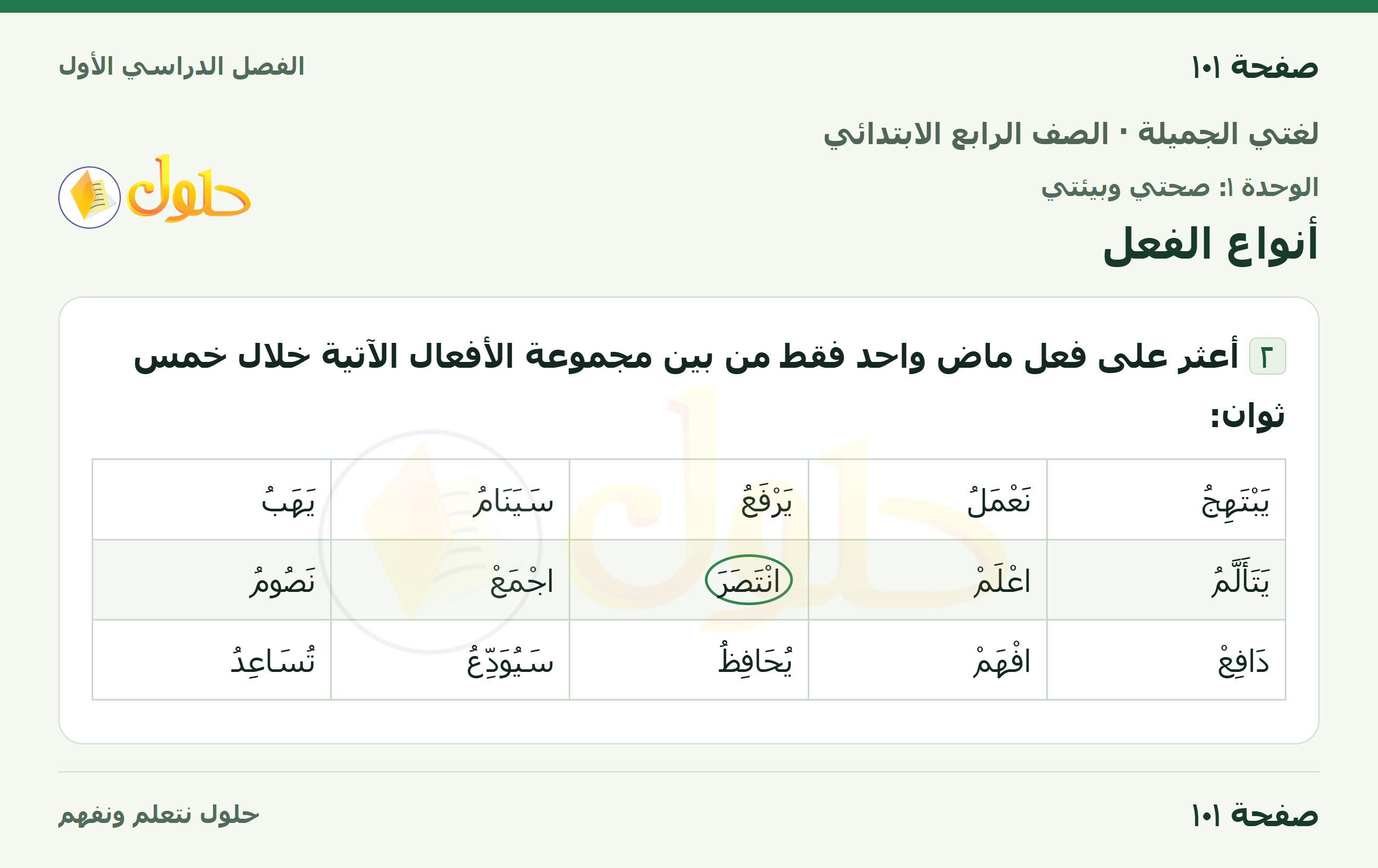 حل لغتي الجميلة للصف الرابع الابتدائي صفحة ١٠١