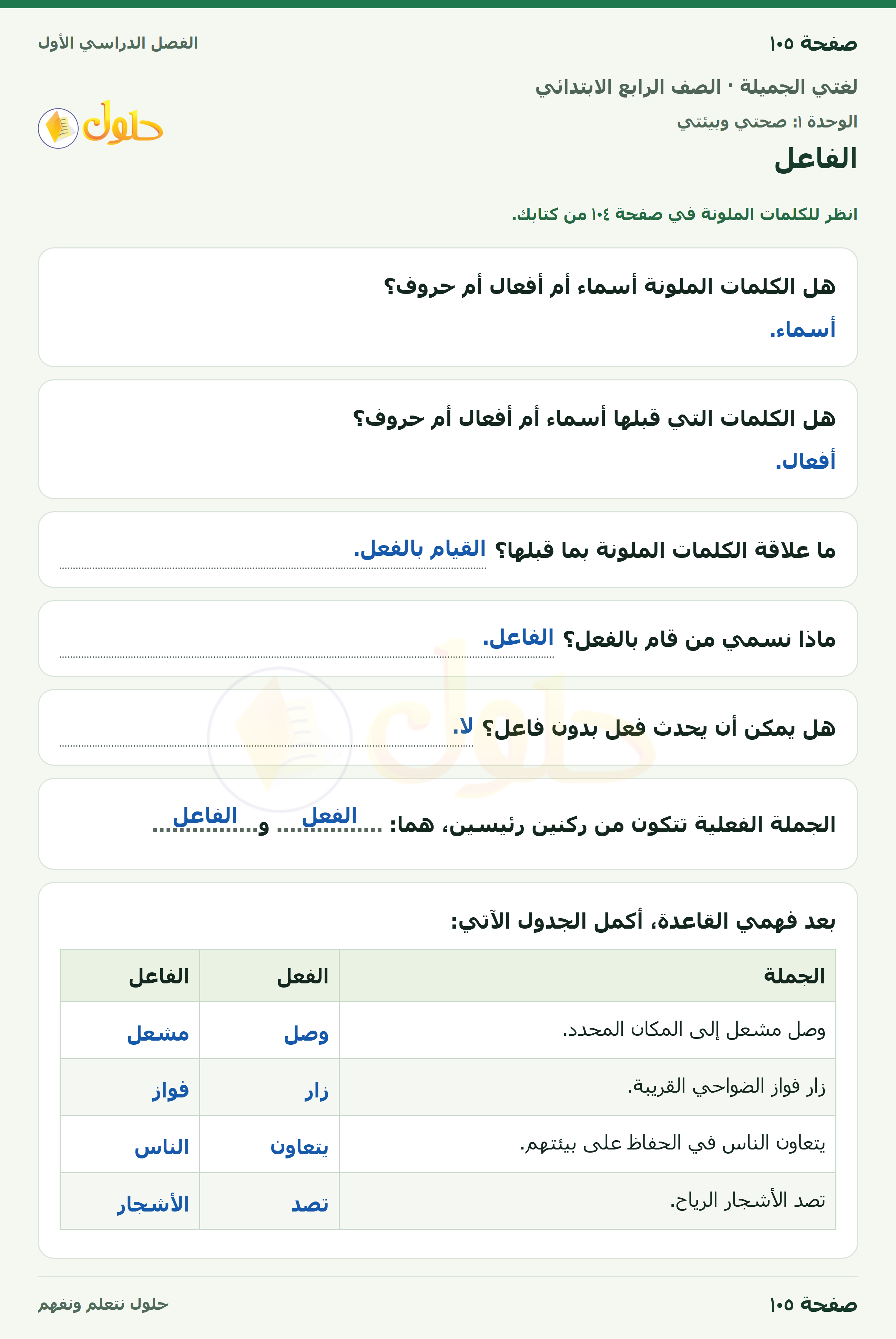 حل لغتي الجميلة للصف الرابع الابتدائي صفحة ١٠٥