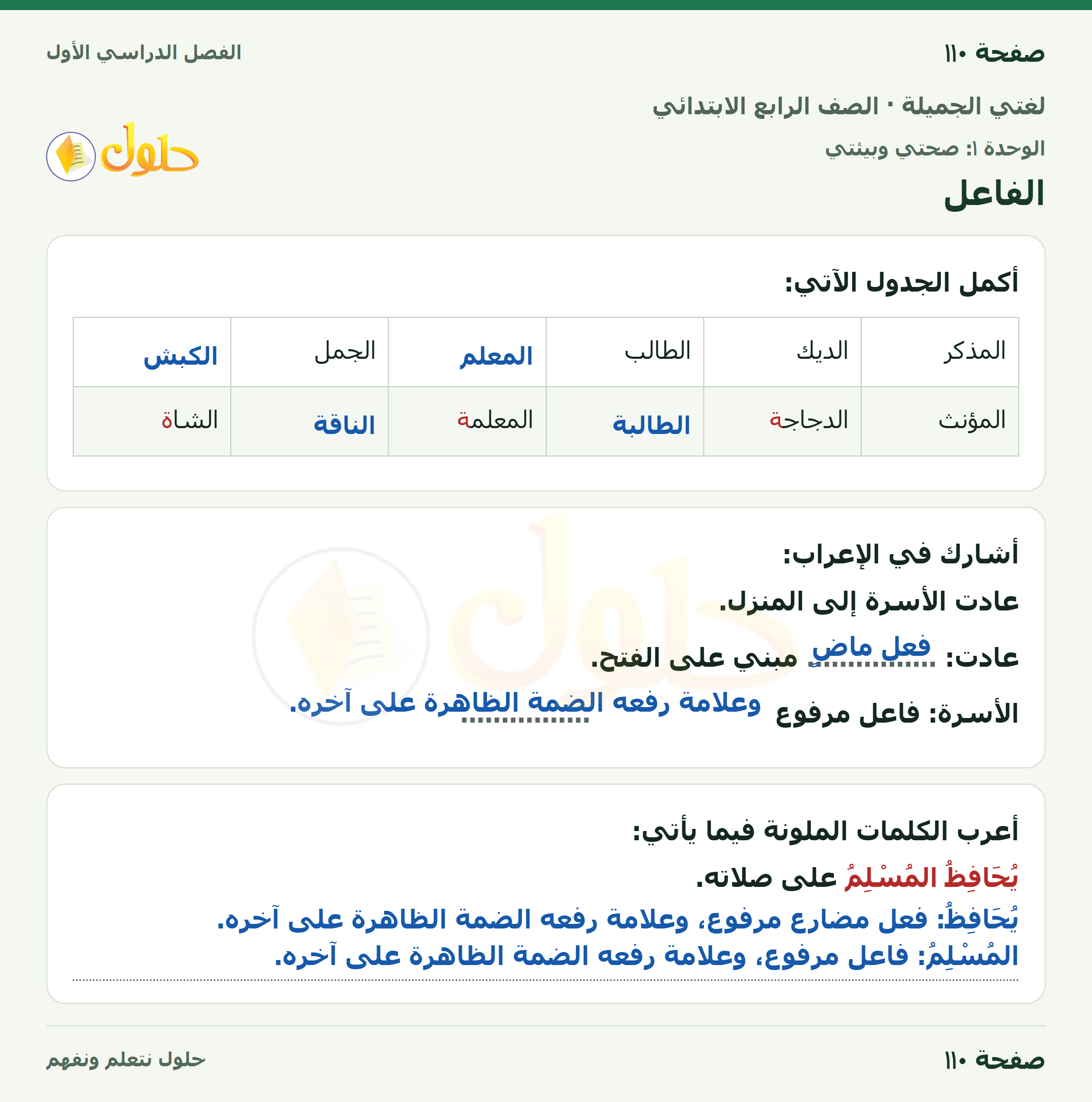 حل لغتي الجميلة للصف الرابع الابتدائي صفحة ١١٠
