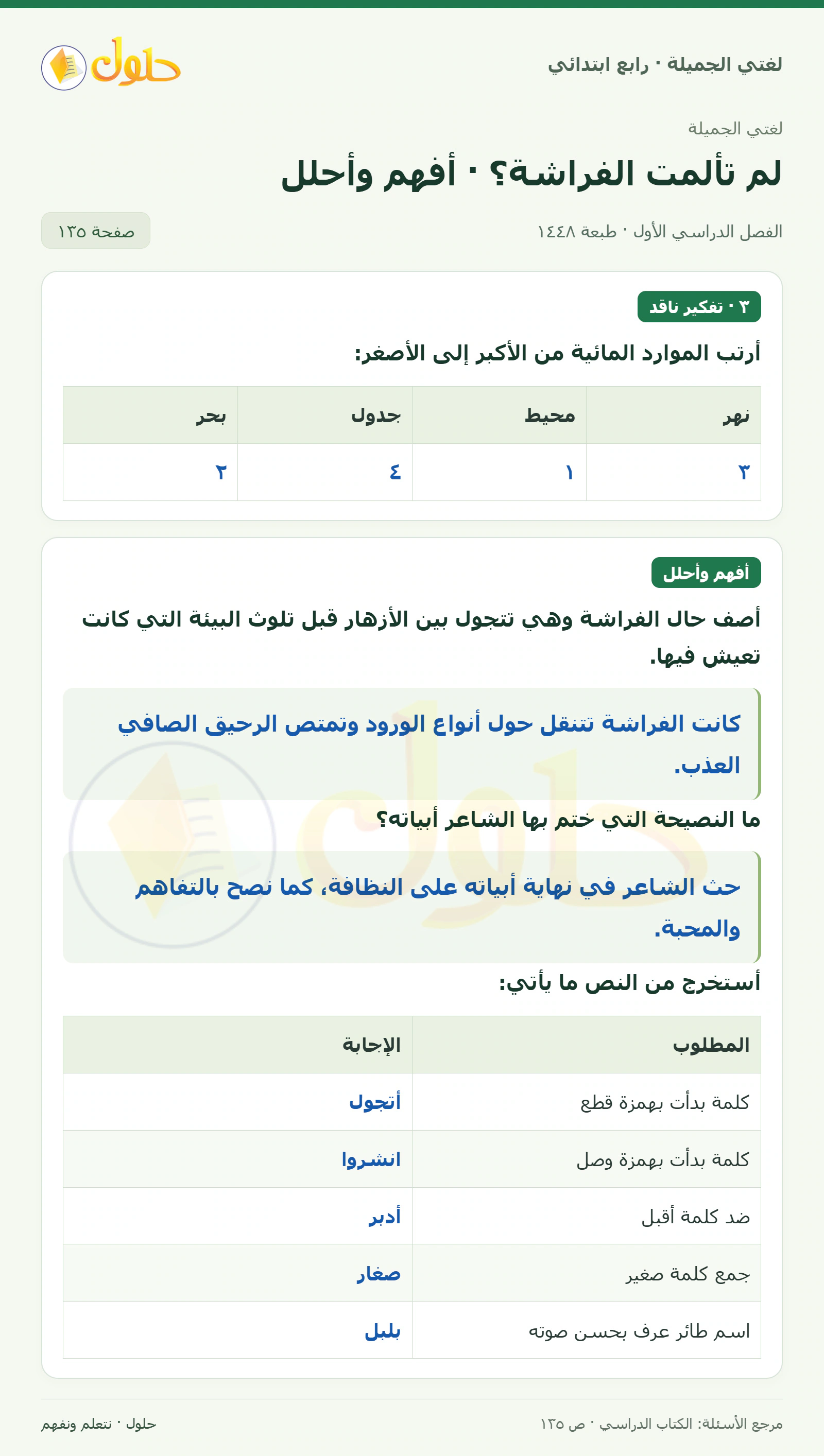 حل لغتي الصف الرابع الابتدائي صفحة 135، الجزء ١