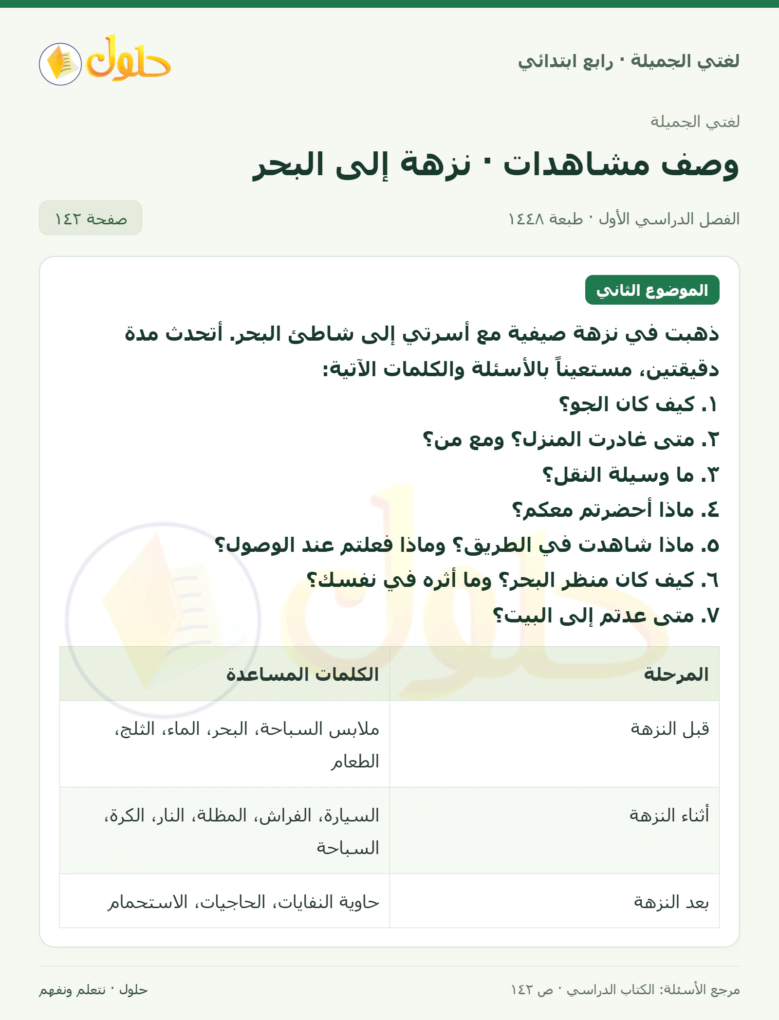 حل لغتي الصف الرابع الابتدائي صفحة 142، الجزء ١