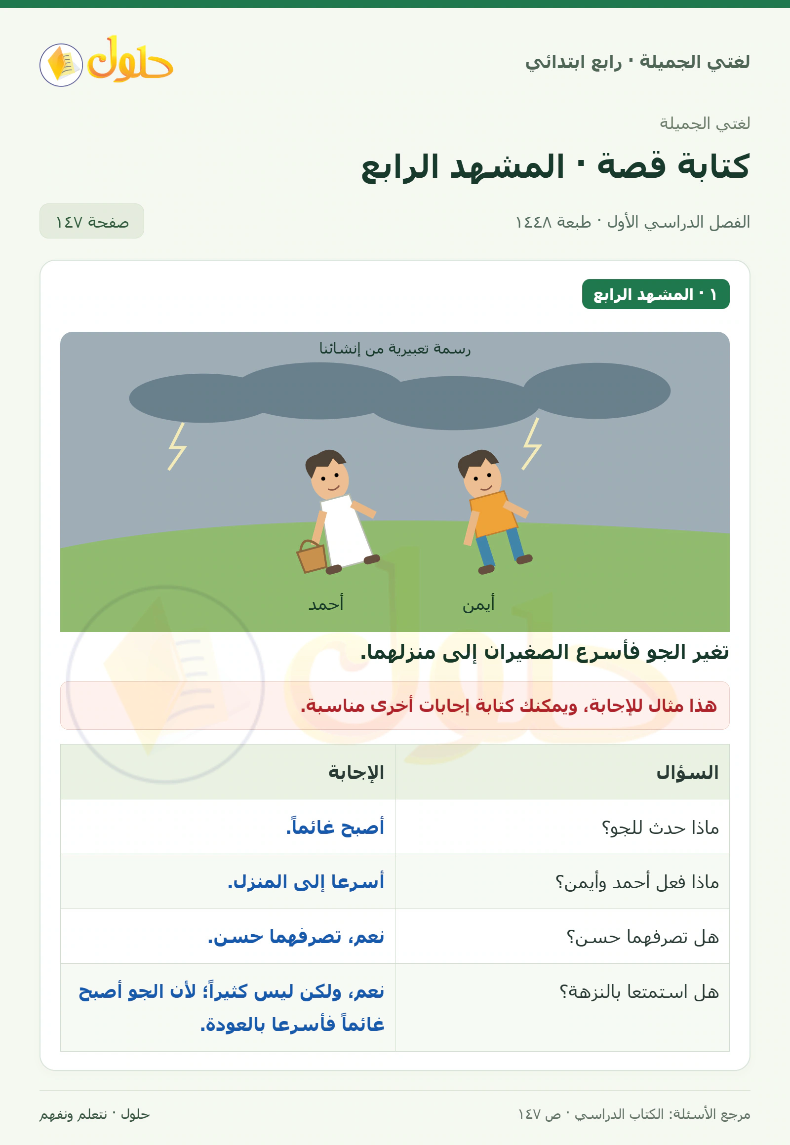 حل لغتي الصف الرابع الابتدائي صفحة 147، الجزء ١