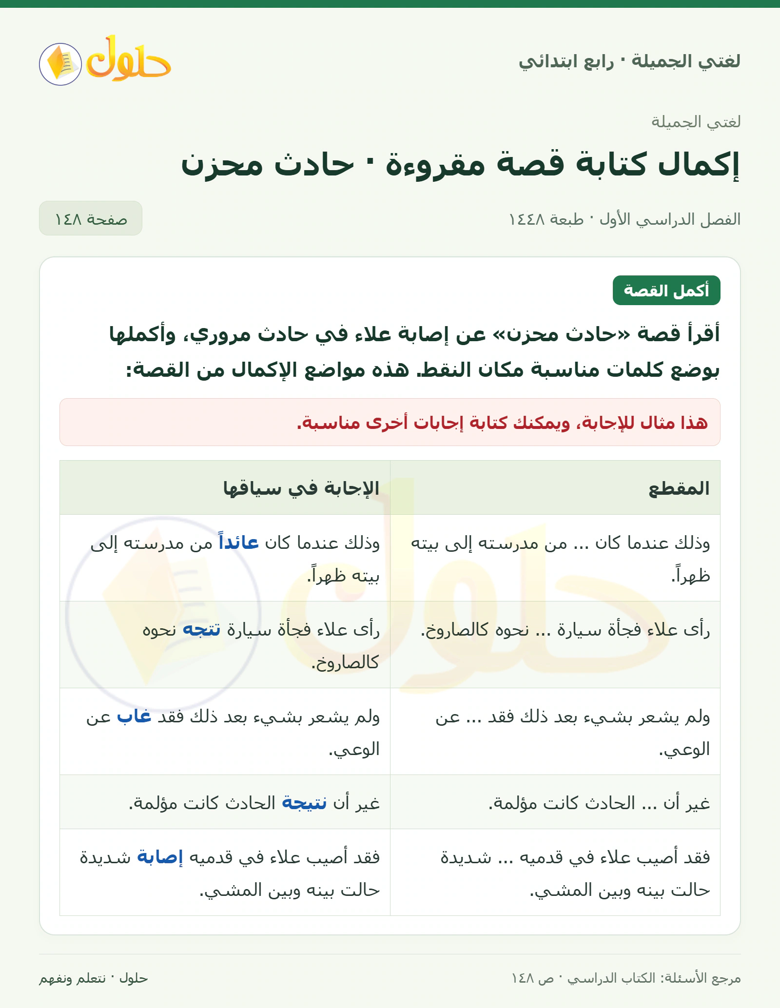 حل لغتي الصف الرابع الابتدائي صفحة 148
