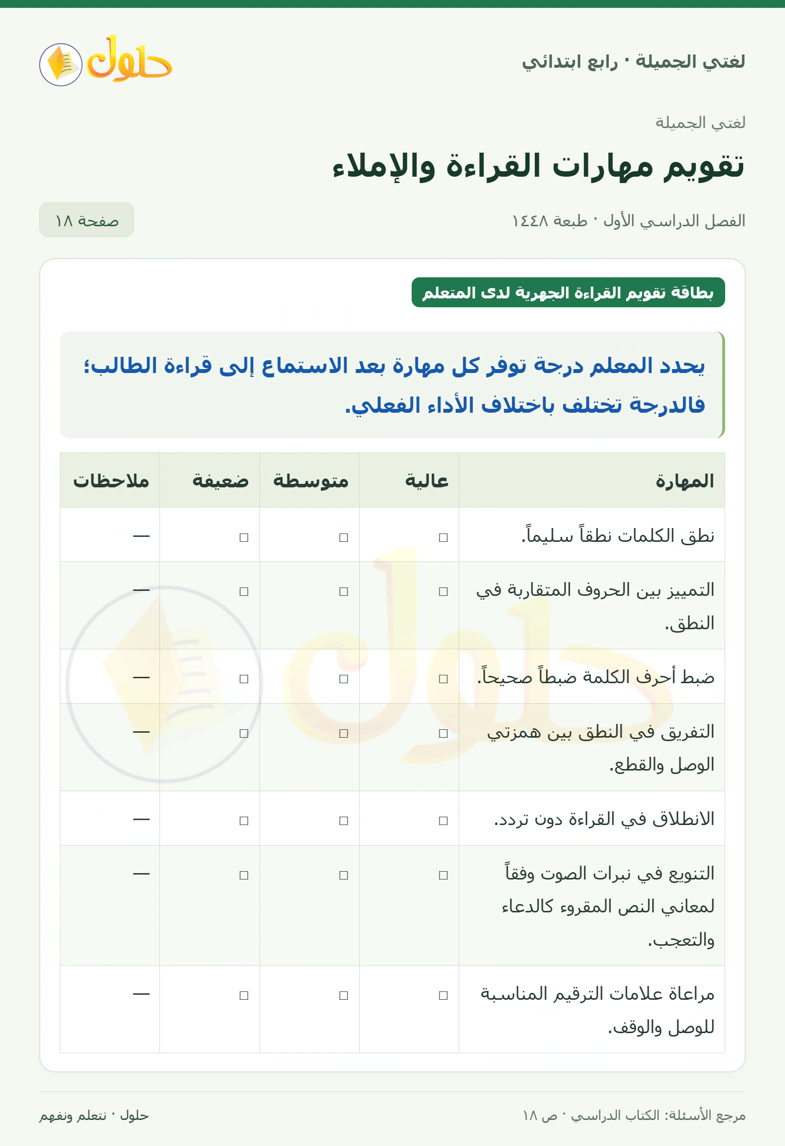 حل لغتي الصف الرابع الابتدائي صفحة 18، الجزء ١
