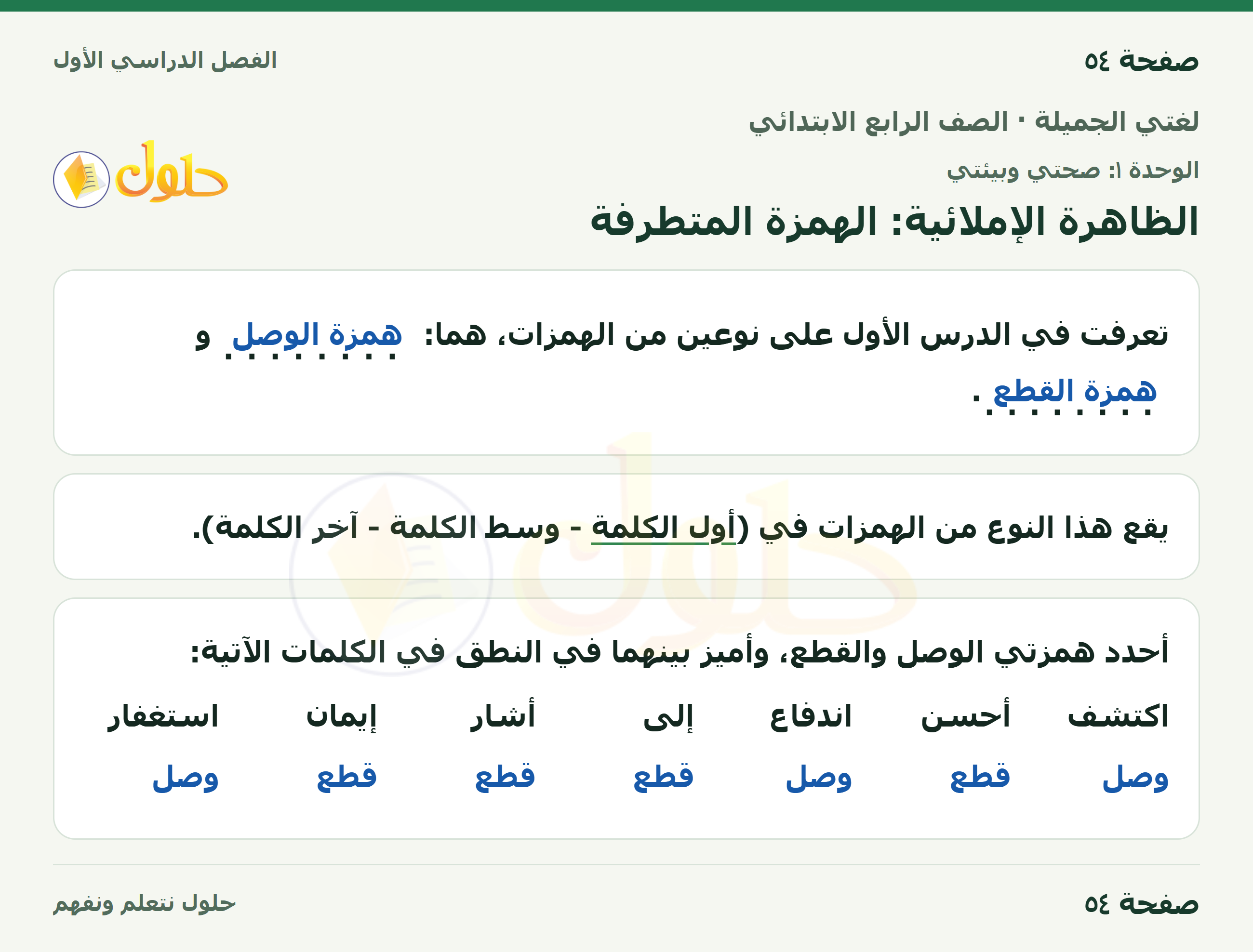 حل لغتي الجميلة للصف الرابع الابتدائي صفحة ٥٤