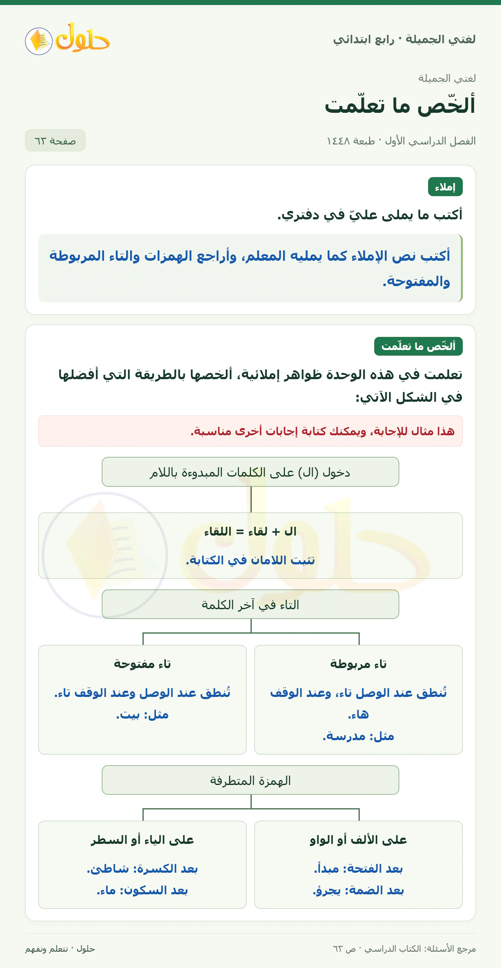 حل لغتي الصف الرابع الابتدائي صفحة 63