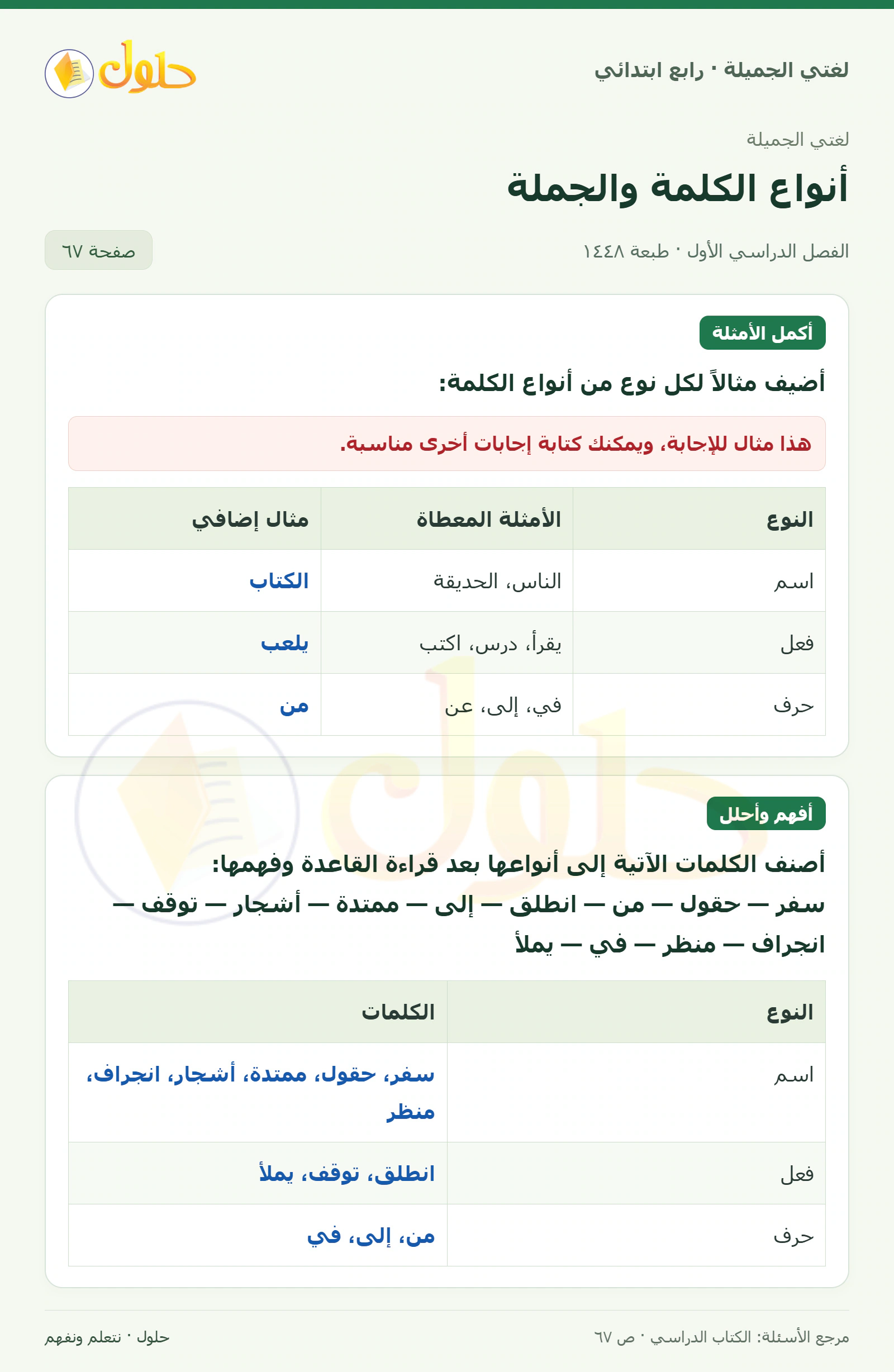 حل لغتي الصف الرابع الابتدائي صفحة 67
