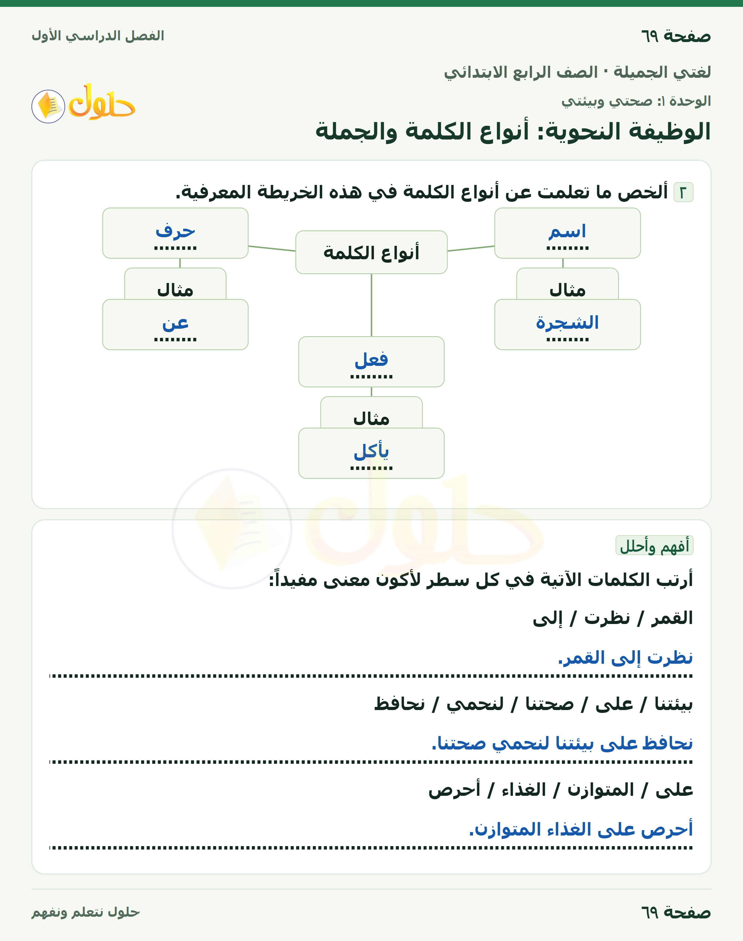 حل لغتي الجميلة للصف الرابع الابتدائي صفحة ٦٩
