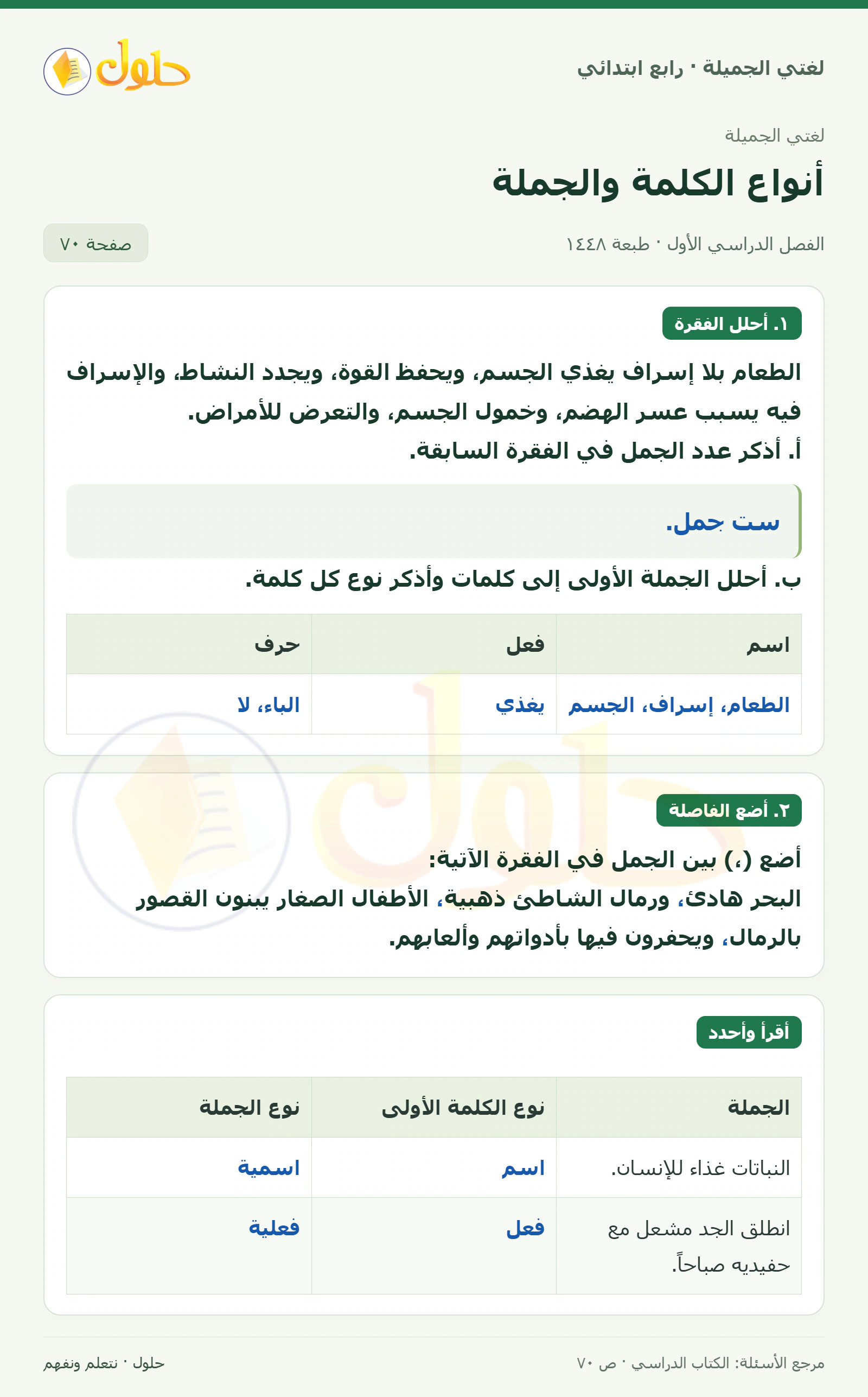 حل لغتي الصف الرابع الابتدائي صفحة 70